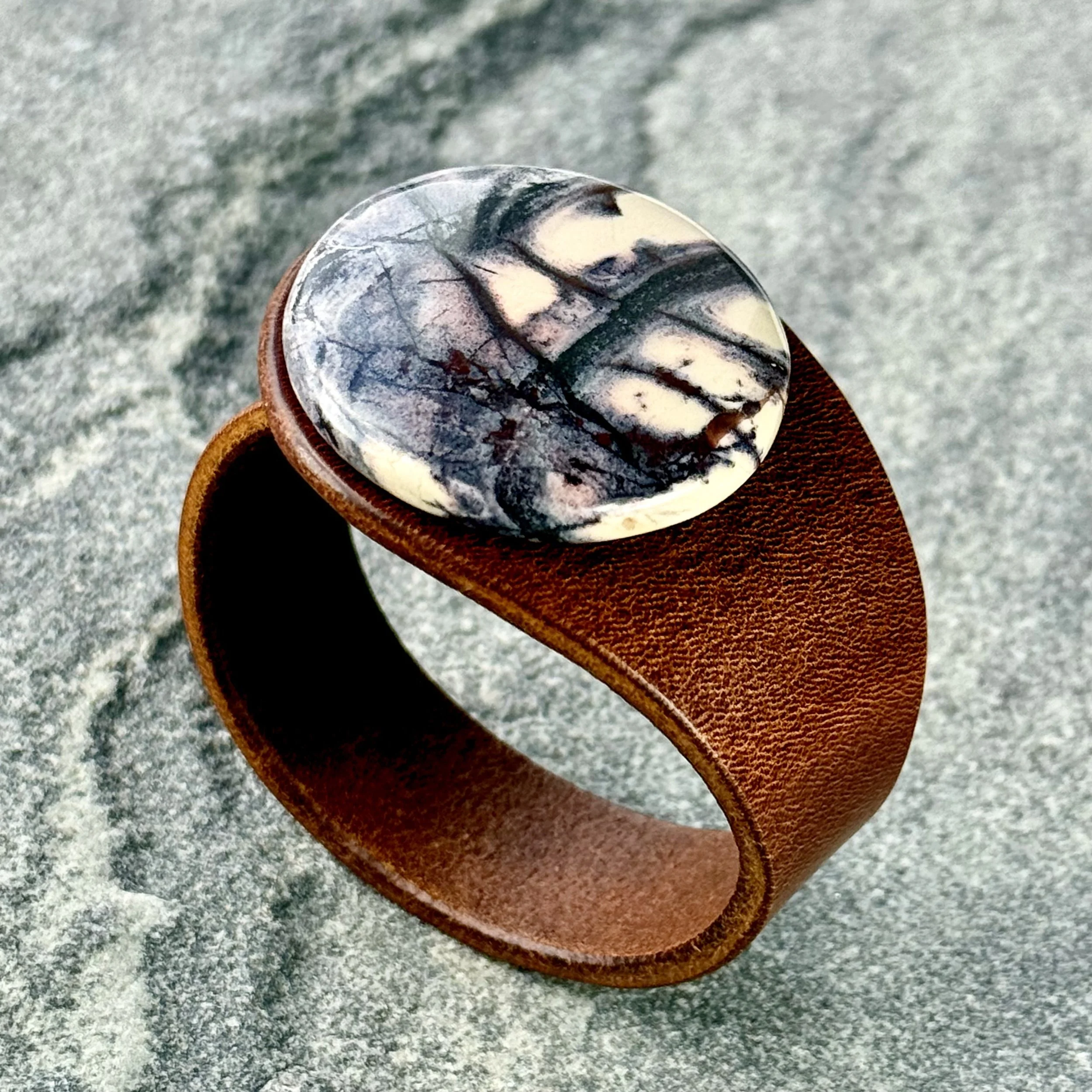 Natural Porcelain Jasper Gemstone Leather Cuff