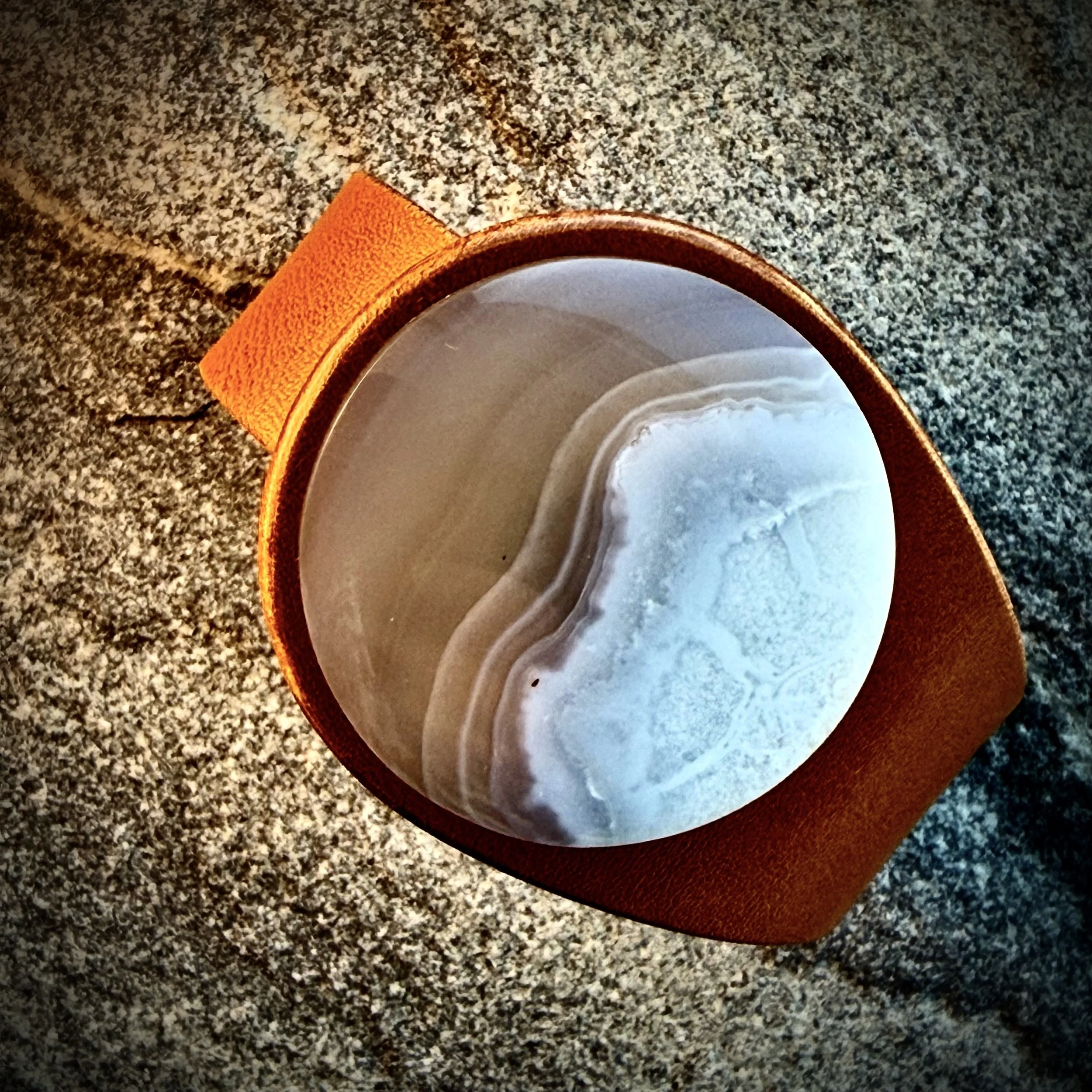 A Natural White Chalcedony Gemstone & Leather Cuff