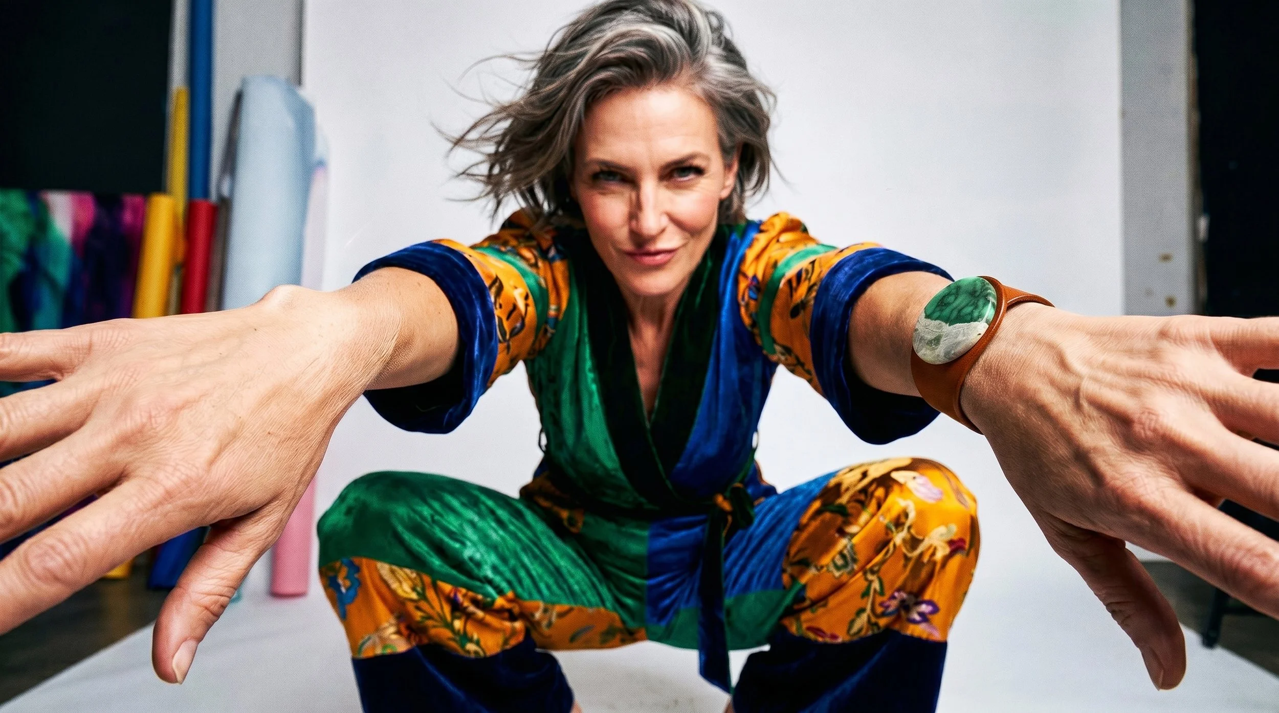Woman with short gray hair wearing colorful clothes, reaching forward with outstretched arms, in a studio with art supplies in the background.