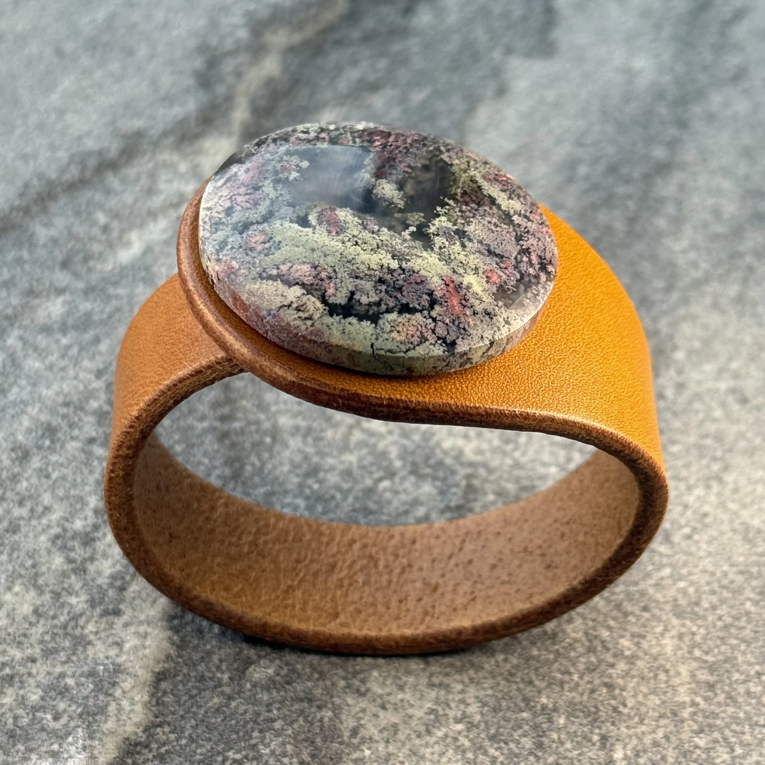 Natural Scenic Moss Agate & Leather Bracelet