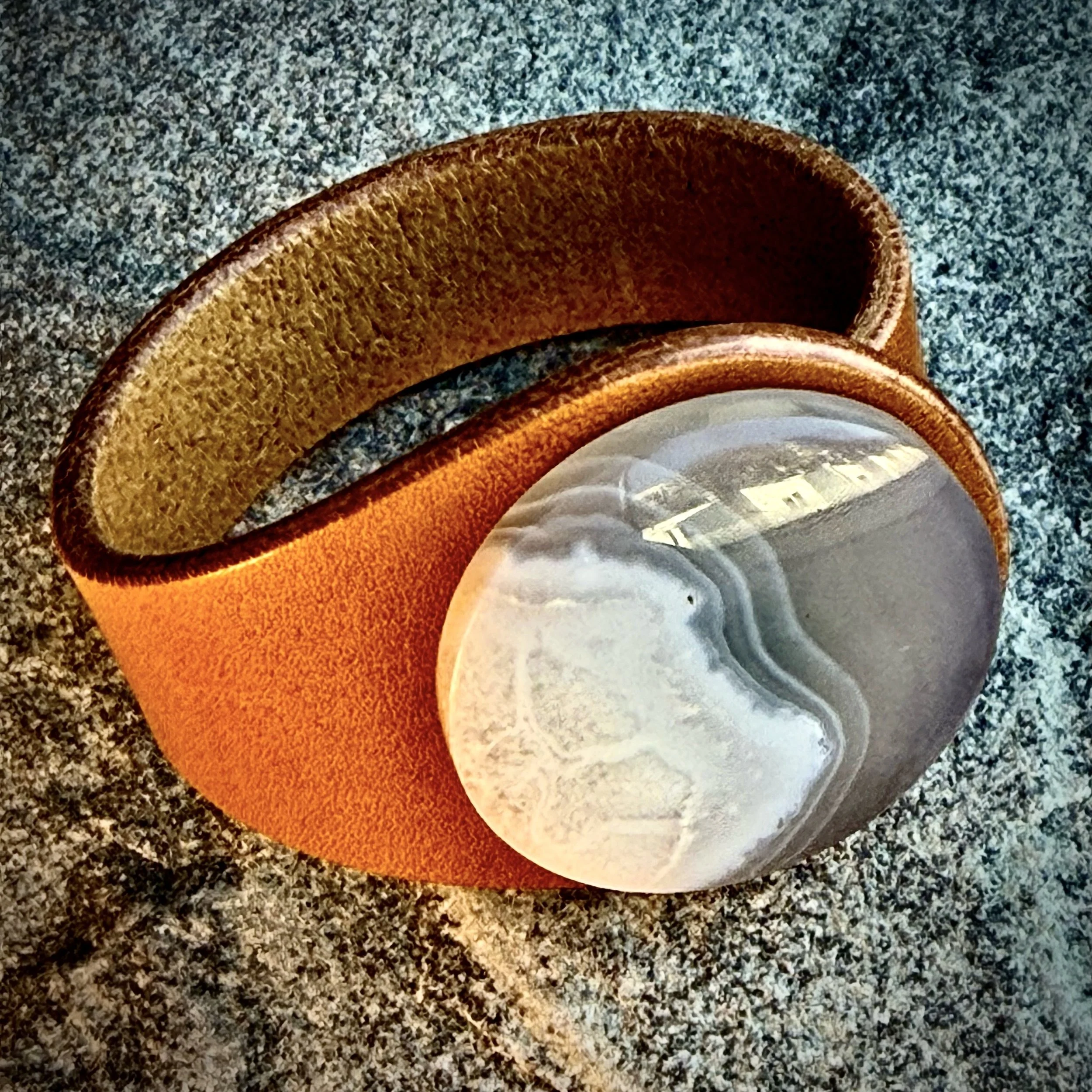 A Natural White Chalcedony Gemstone & Leather Cuff