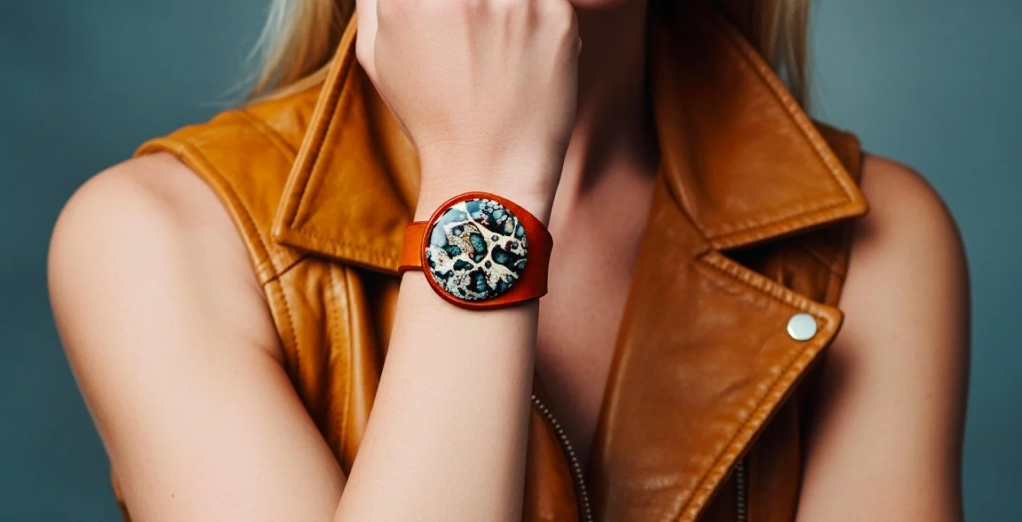 A woman wearing a brown leather sleeveless vest and a colorful zebra-print wristwatch.