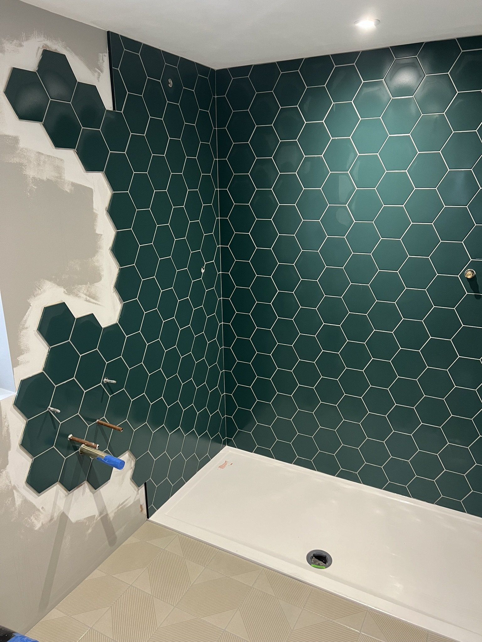 green hex tiles - bathroom refit in Surrey