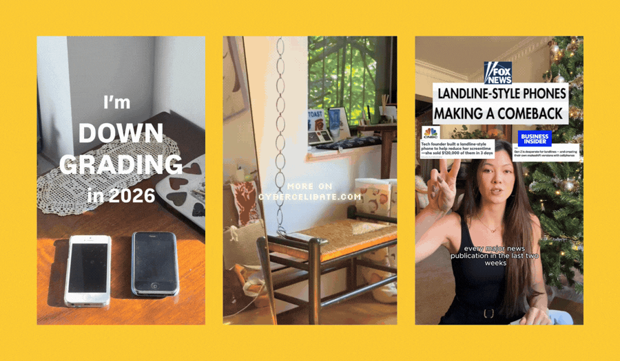 three screengrabs of instagram reels about the resurgence of the landline and adopting an analog lifestyle.