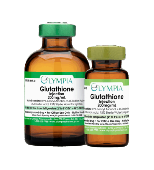 Two amber glass bottles of Glutathione injection with green labels from Olympia pharmacy.