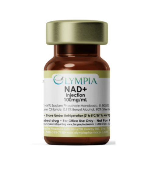 A brown glass vial with a green lid labeled 'OLYMPIA NAD+ Injection 100mg/mL'.