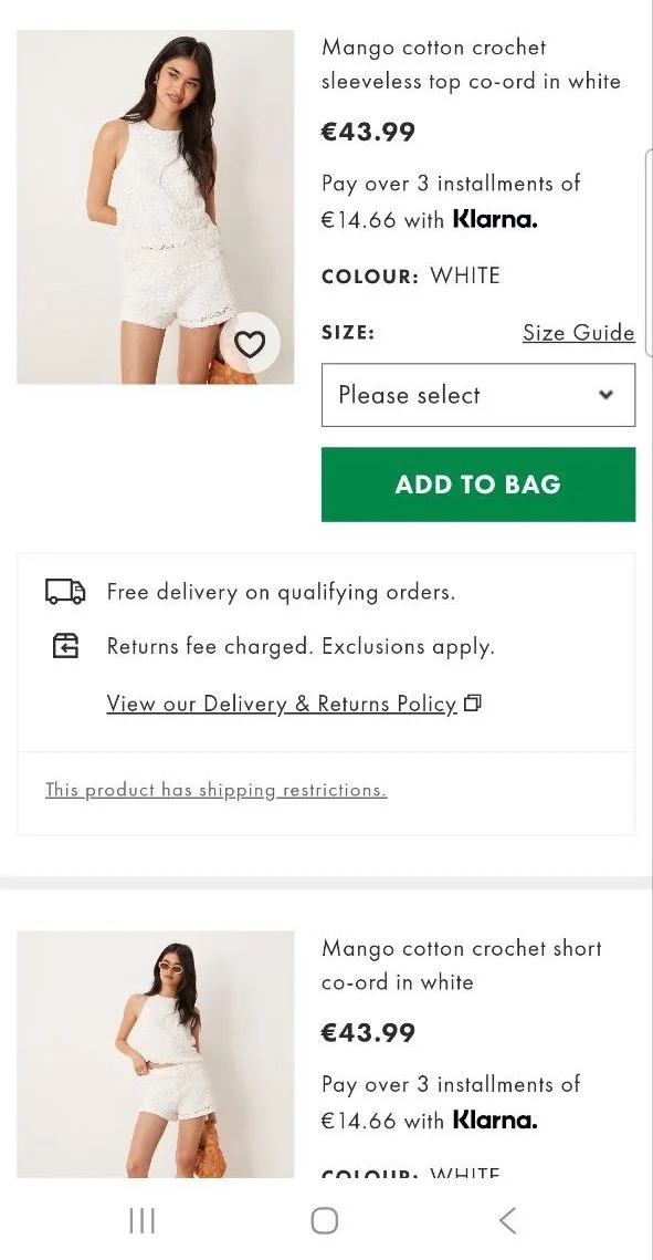 Asos display size options in a dropdown rather than providing size availability at a glance.