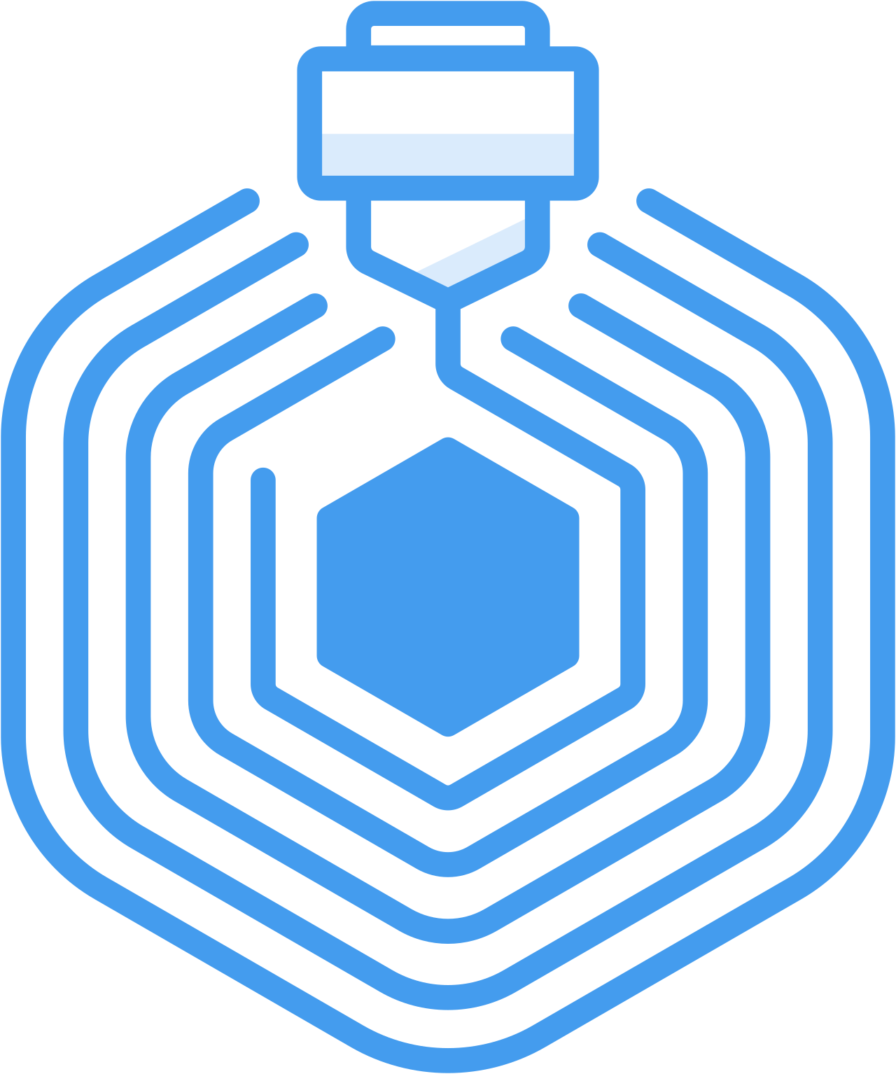 Blue and black geometric design with a hexagonal shape in the center and concentric hexagonal outlines.