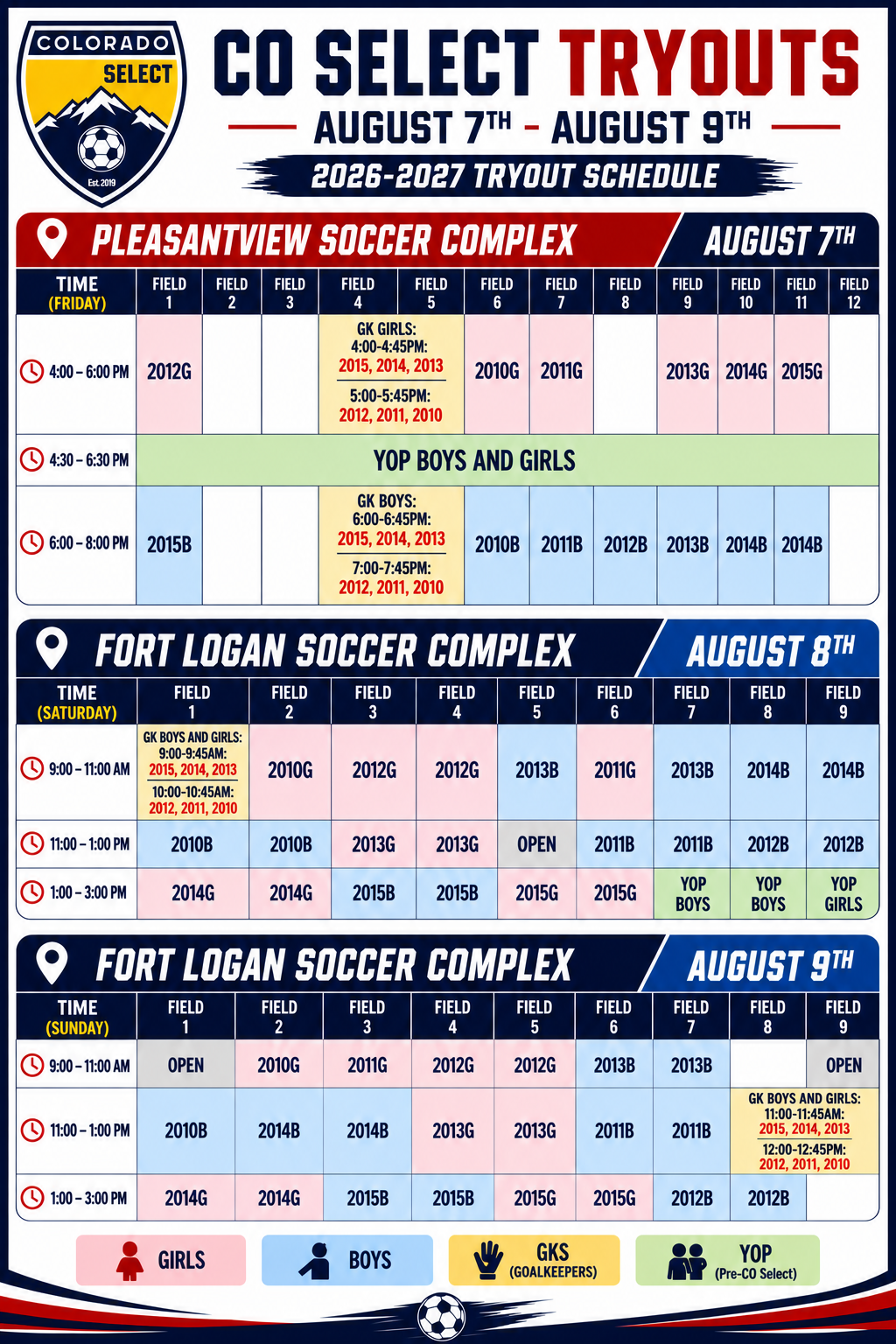 Colorado Select Front Range Tryout Schedule