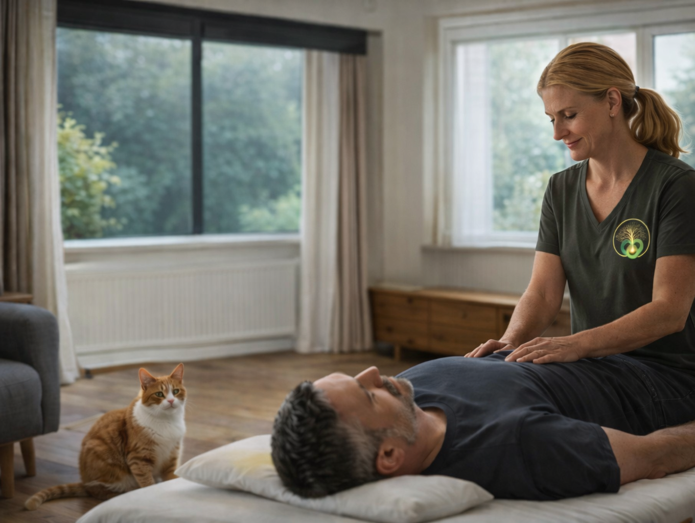 Eine Frau macht eine Massage bei einem Mann, während eine Katze auf dem Boden neben ihnen sitzt. Das Bild ist in einem hellen, gemütlichen Raum mit großen Fenstern und Vorhängen.