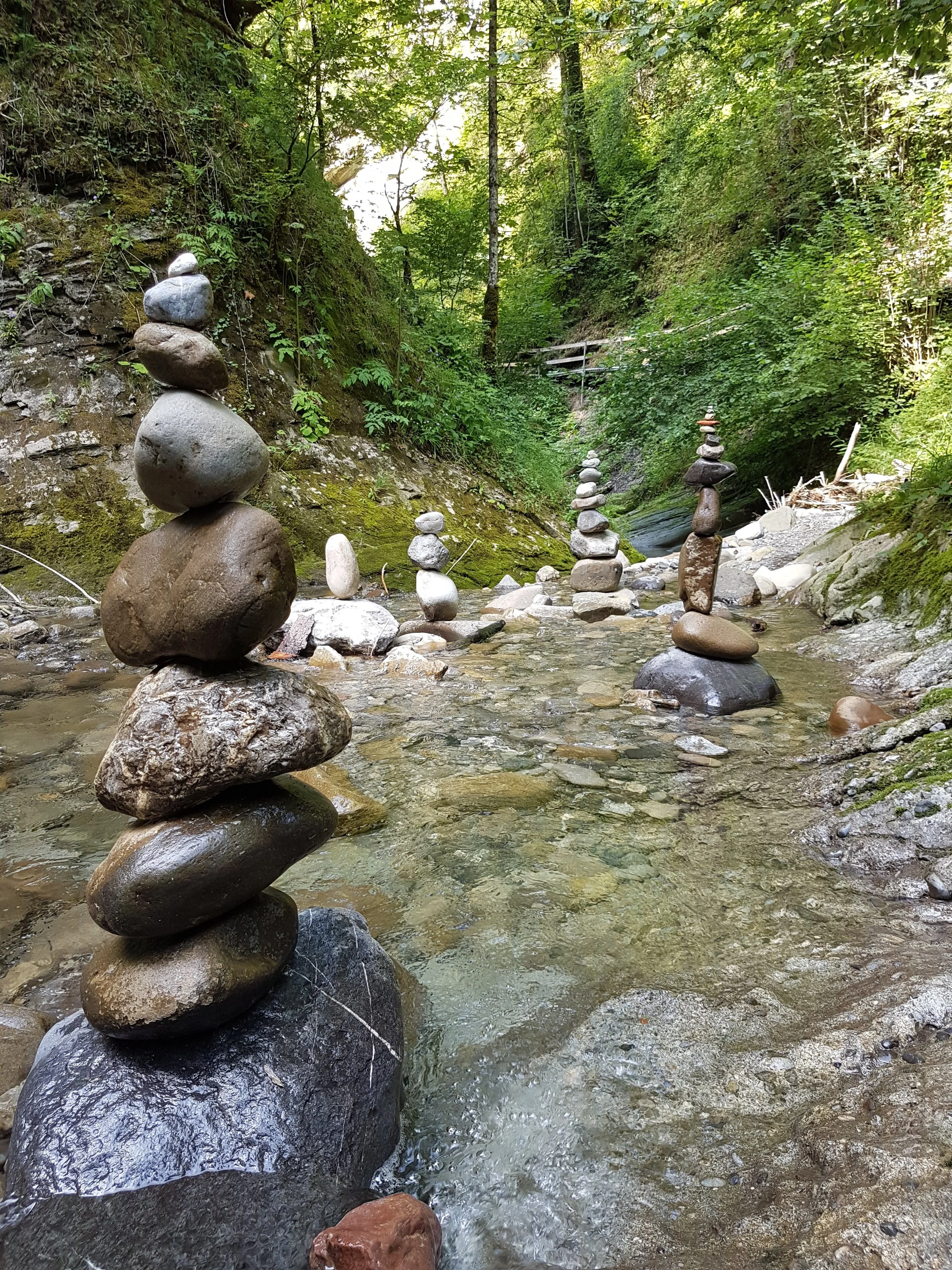 Mehrere aufeinandergestapelte Steine in einem Bachlauf in einem grünen Wald.