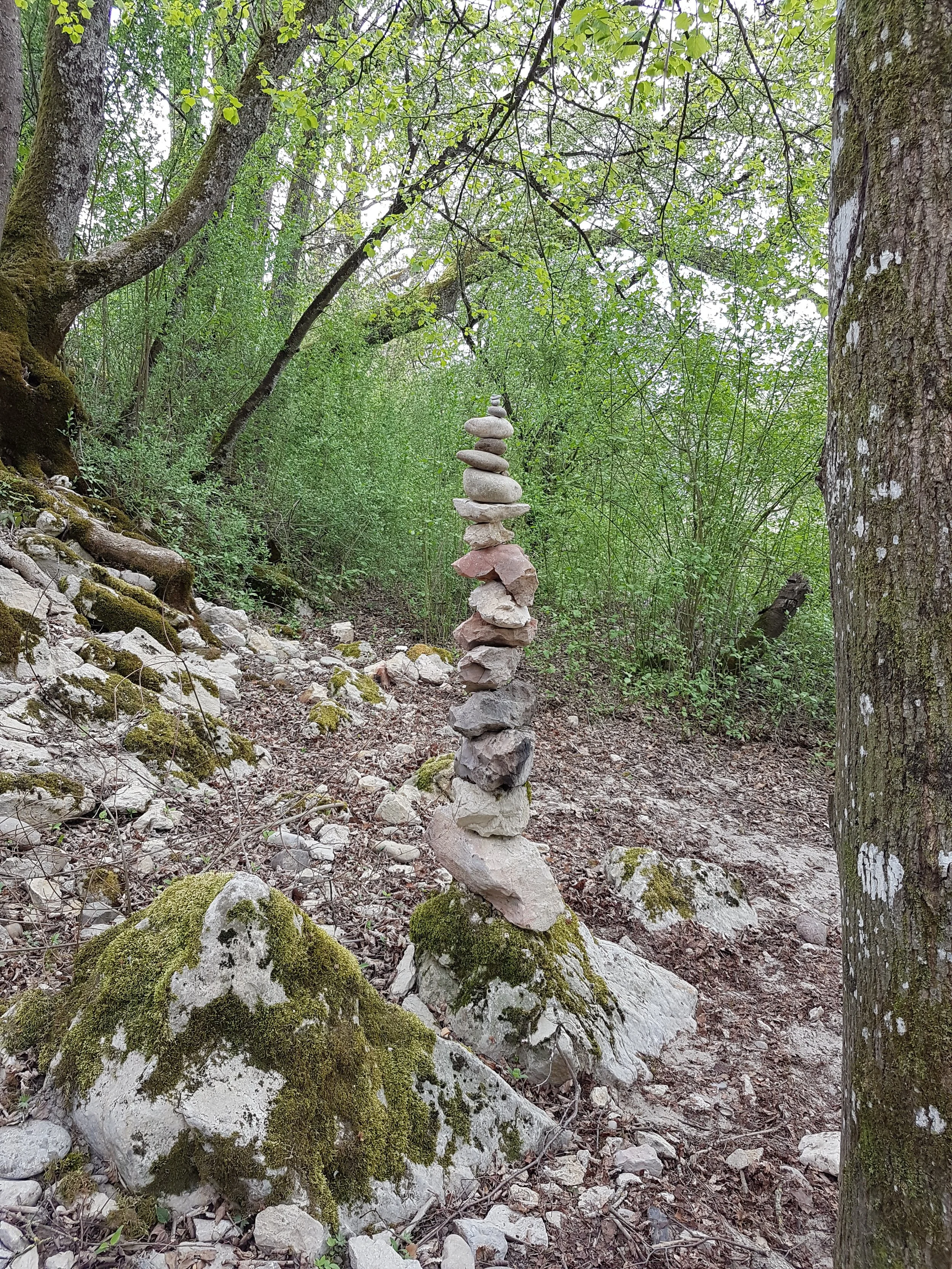 Ein Turm aus sorgfältig gestapelten Steinen in einem Wald. Der Turm besteht aus mehreren unterschiedlichen Steinen, die übereinander gestapelt sind. Umgeben von moosbedeckten Felsen und grünen Bäumen.