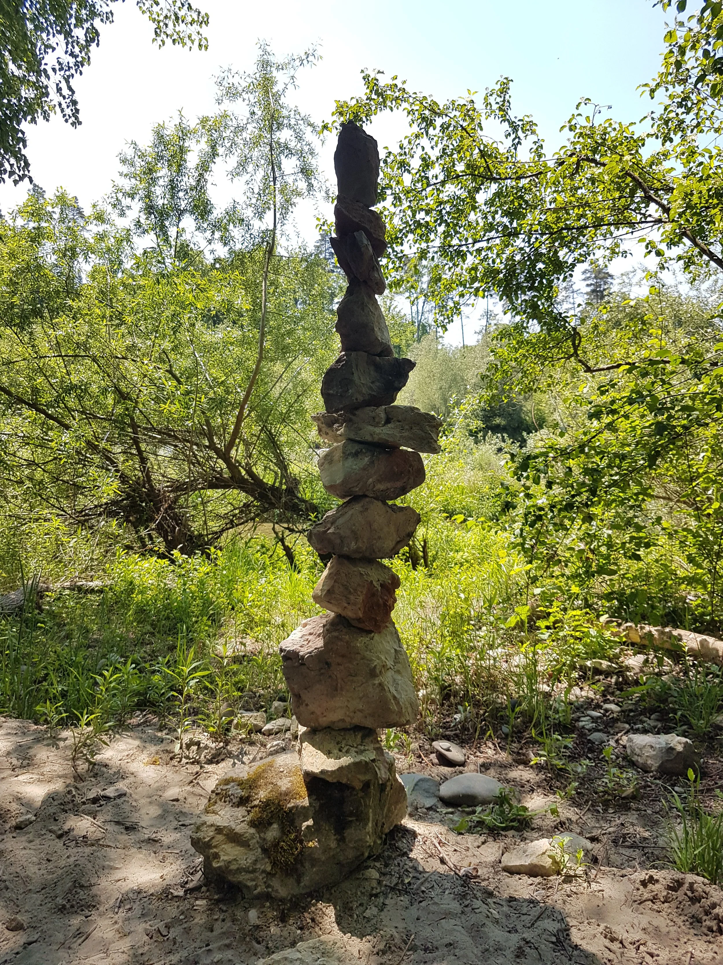 Haufen von Steinen in einer natürlichen Umgebung, umgeben von Bäumen und Machen im Schatten.
