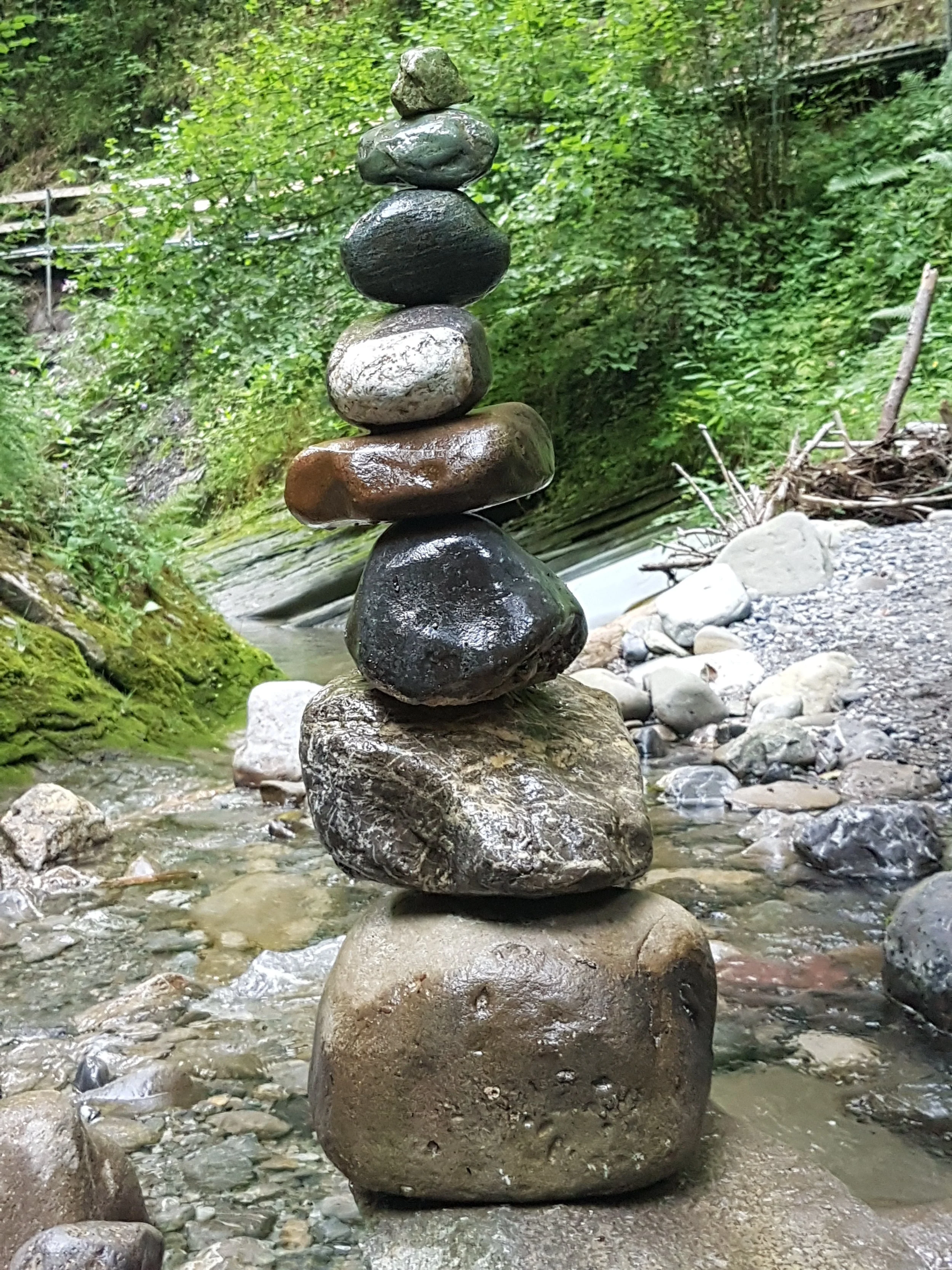 Felsstapel im Fluss mit Wasser und grünem Wald im Hintergrund.