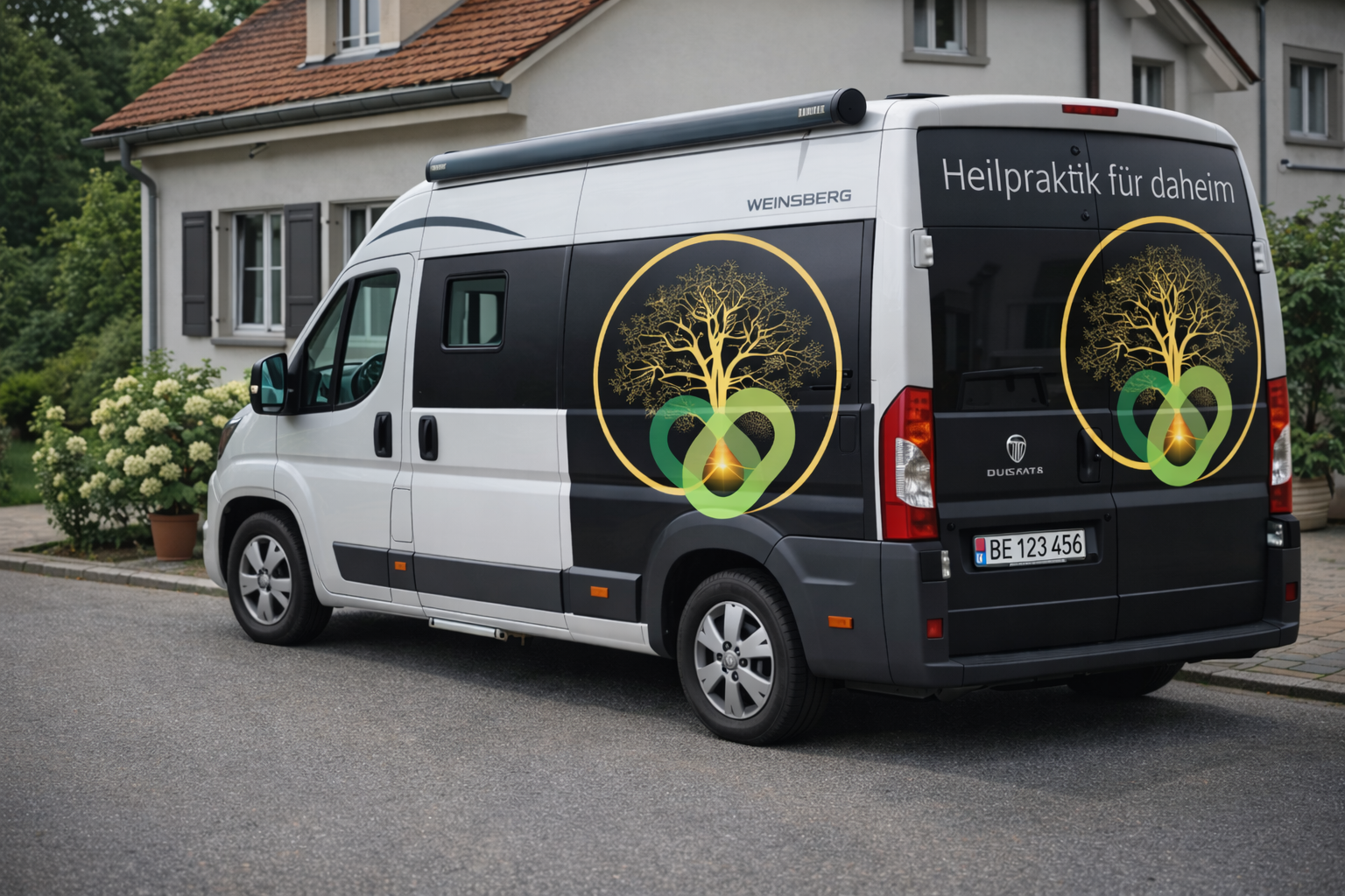 Weißer Van mit Logo einer Baum und Herz auf schwarzer Folie auf der Seite, Werbung für alternative Heilpraktik. Haus mit Gärten im Hintergrund.