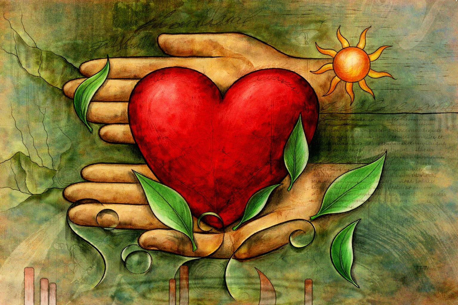 Eine künstlerische Illustration einer Hand, die ein rotes Herz hält, umgeben von grünen Blättern, mit einer Sonnenfigur am oberen rechten Rand, vor einem Hintergrund mit Schrift und abstrakten Mustern.