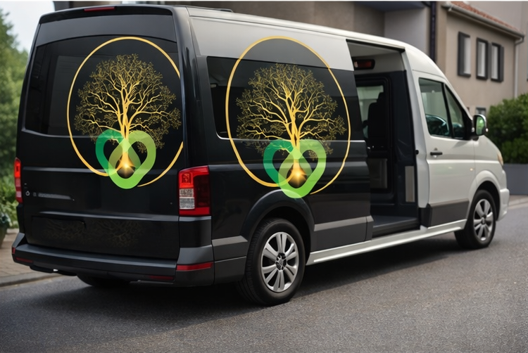 Ein schwarzer und weißer Van mit grünen und goldenen Baum- und Herzmotive auf den Seiten