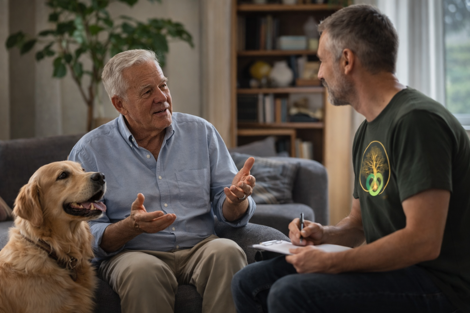 Ein älterer Mann im Gespräch mit einem jüngeren Mann, während ein goldenes Hundezitat neben ihnen sitzt. Sie sitzen in einem gemütlichen Wohnzimmer.