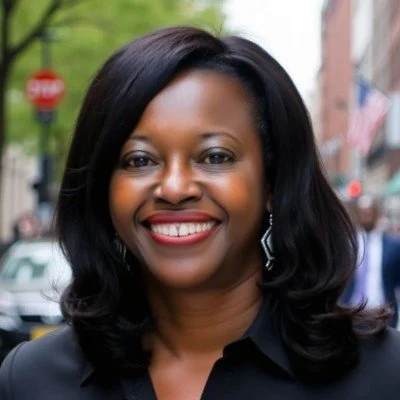 A smiling woman with black hair and earrings standing outdoors on a city street.
