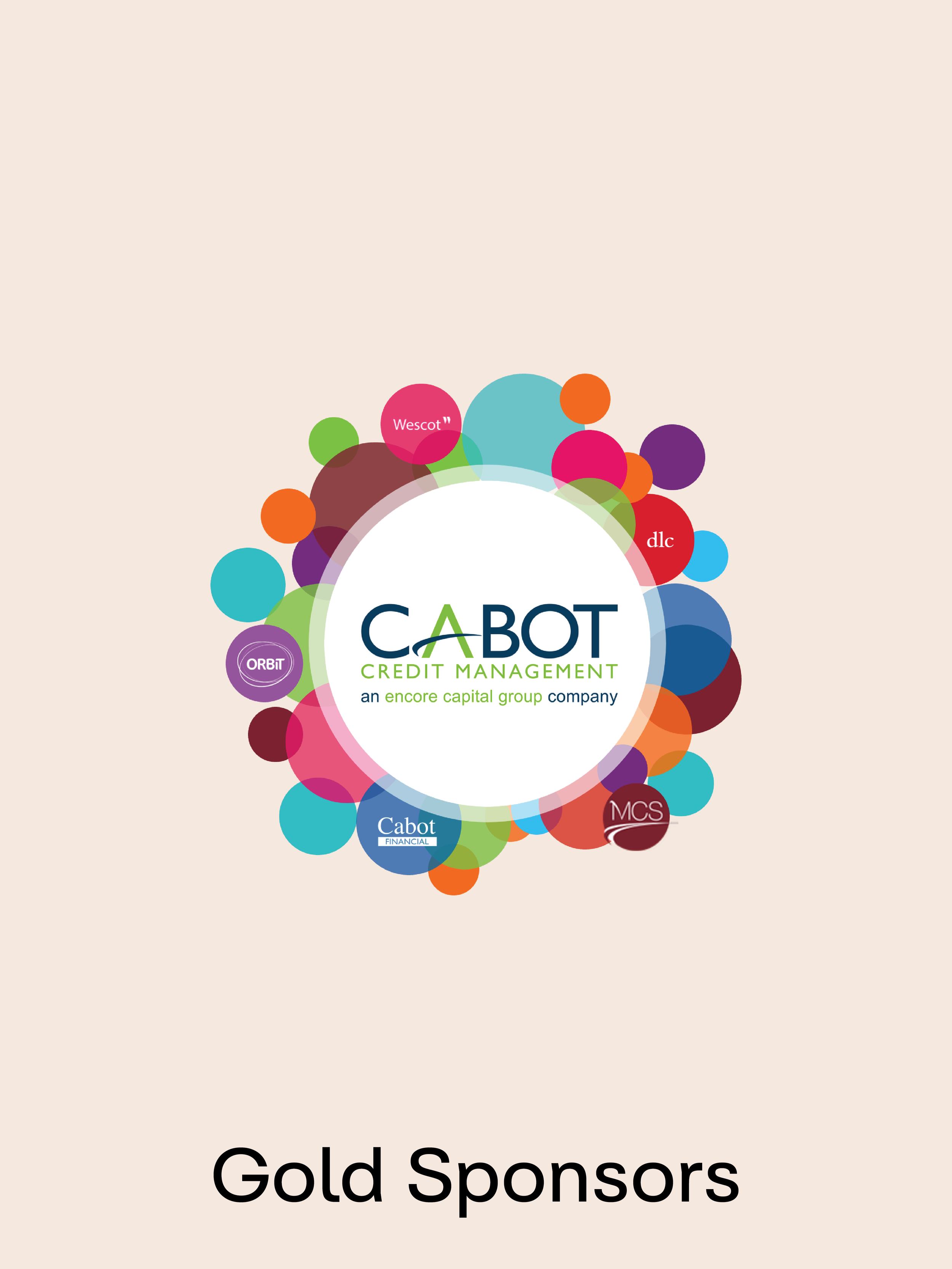 A graphic with colorful circles surrounding the logo of Cabot Credit Management, a leading company in credit and financial services, with the title 'Gold Sponsors' below.