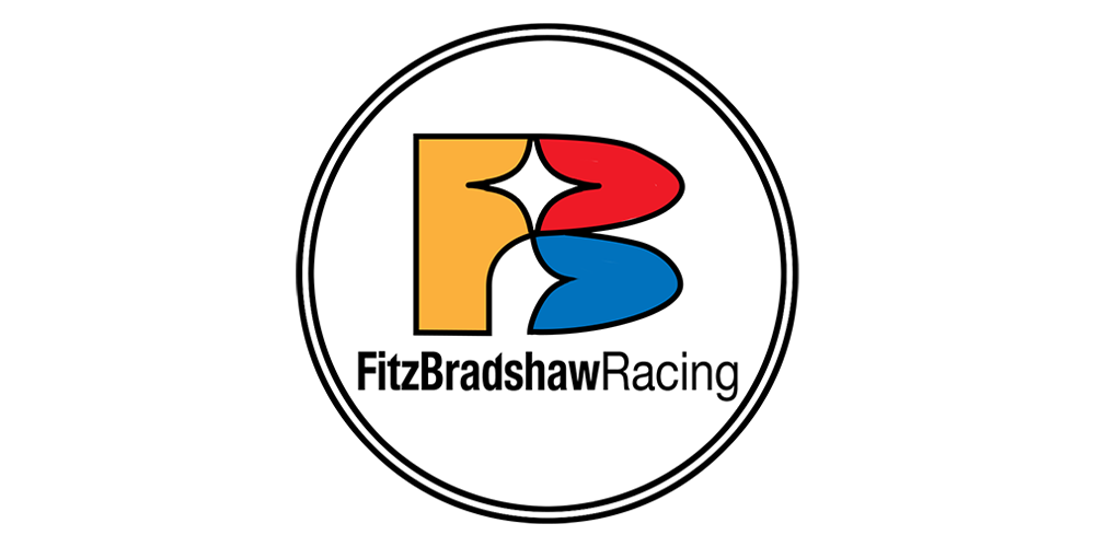 Logo for FitzBradshaw Racing featuring a stylized 'F' and 'B' in yellow, red, and blue, with the text 'FitzBradshaw Racing' below, similar to the Pittsburgh Steelers logo.