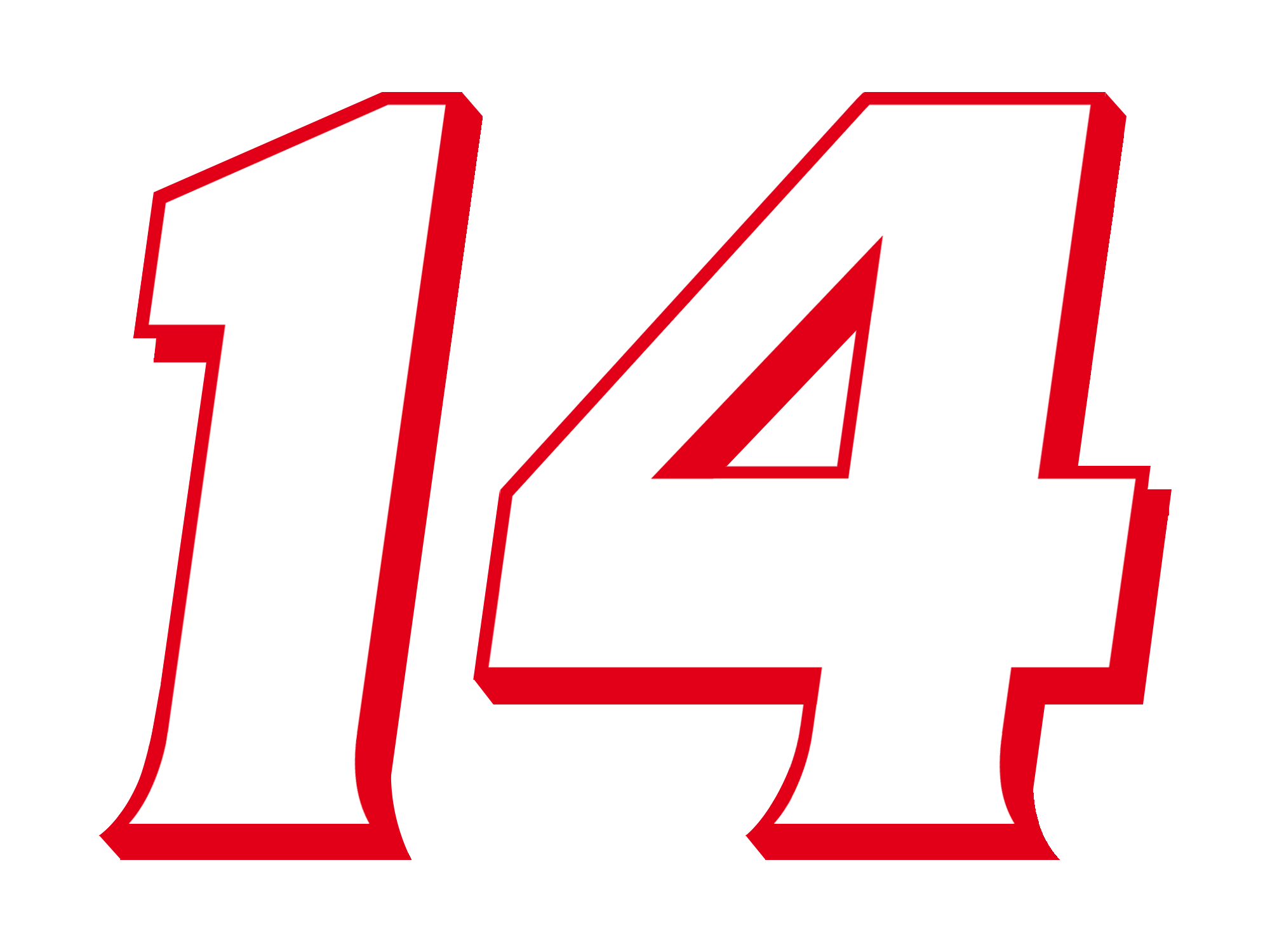 Close-up of the number 14 in bold white font with red and black outline on a black background.