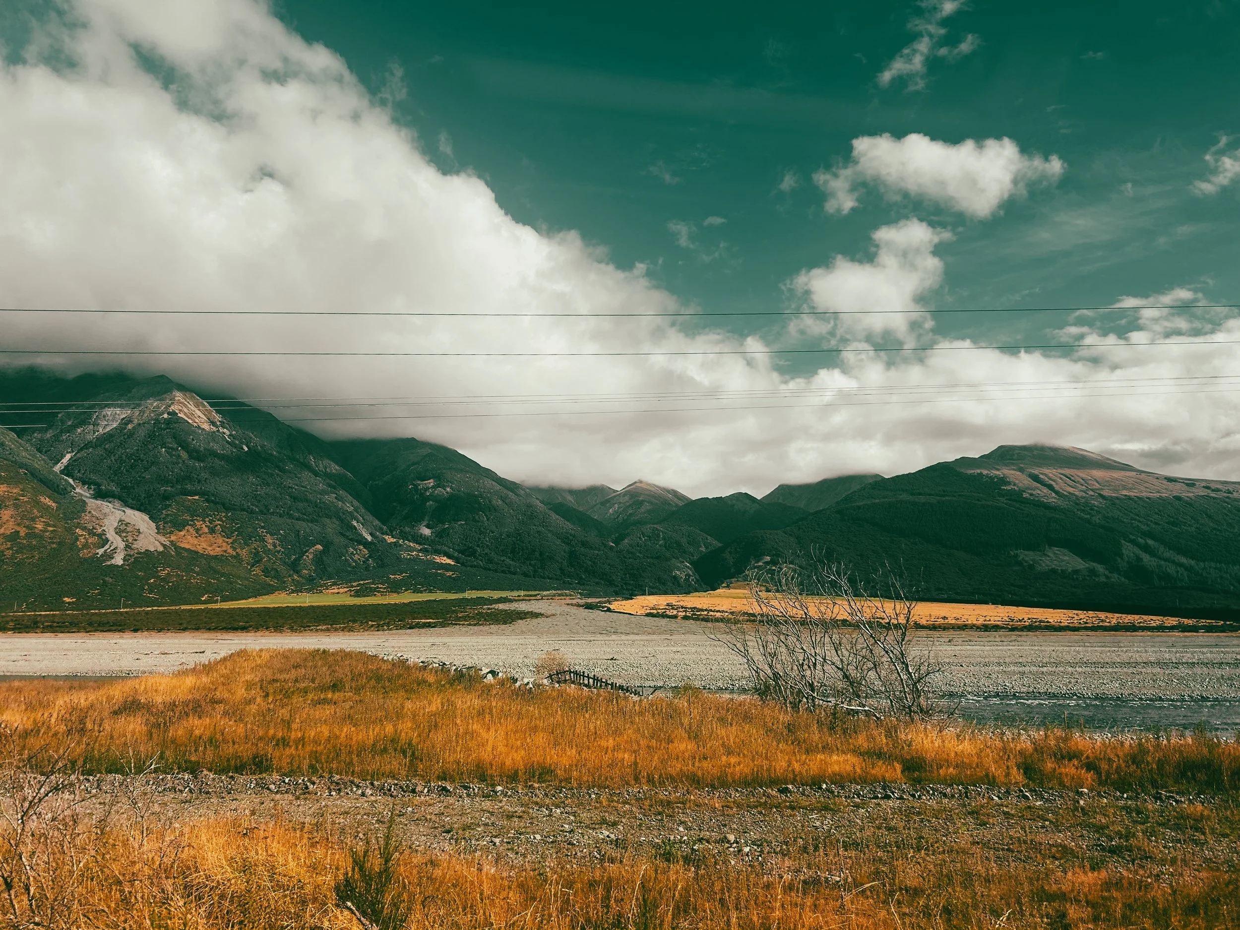 a dry riverbed as viewed from the TranzAlpine train 