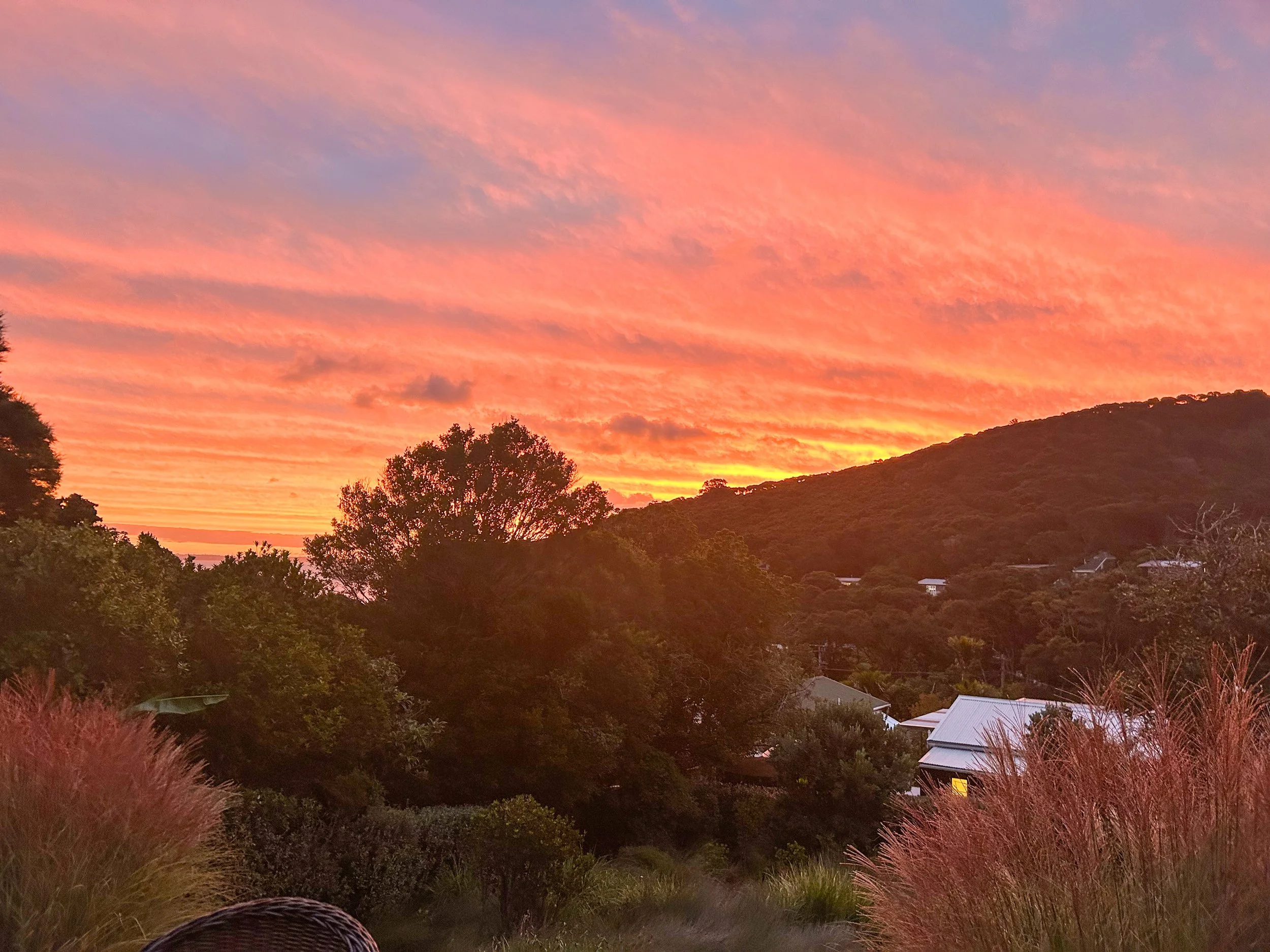 A blazing sunset on Waiheke Island in New Zealand