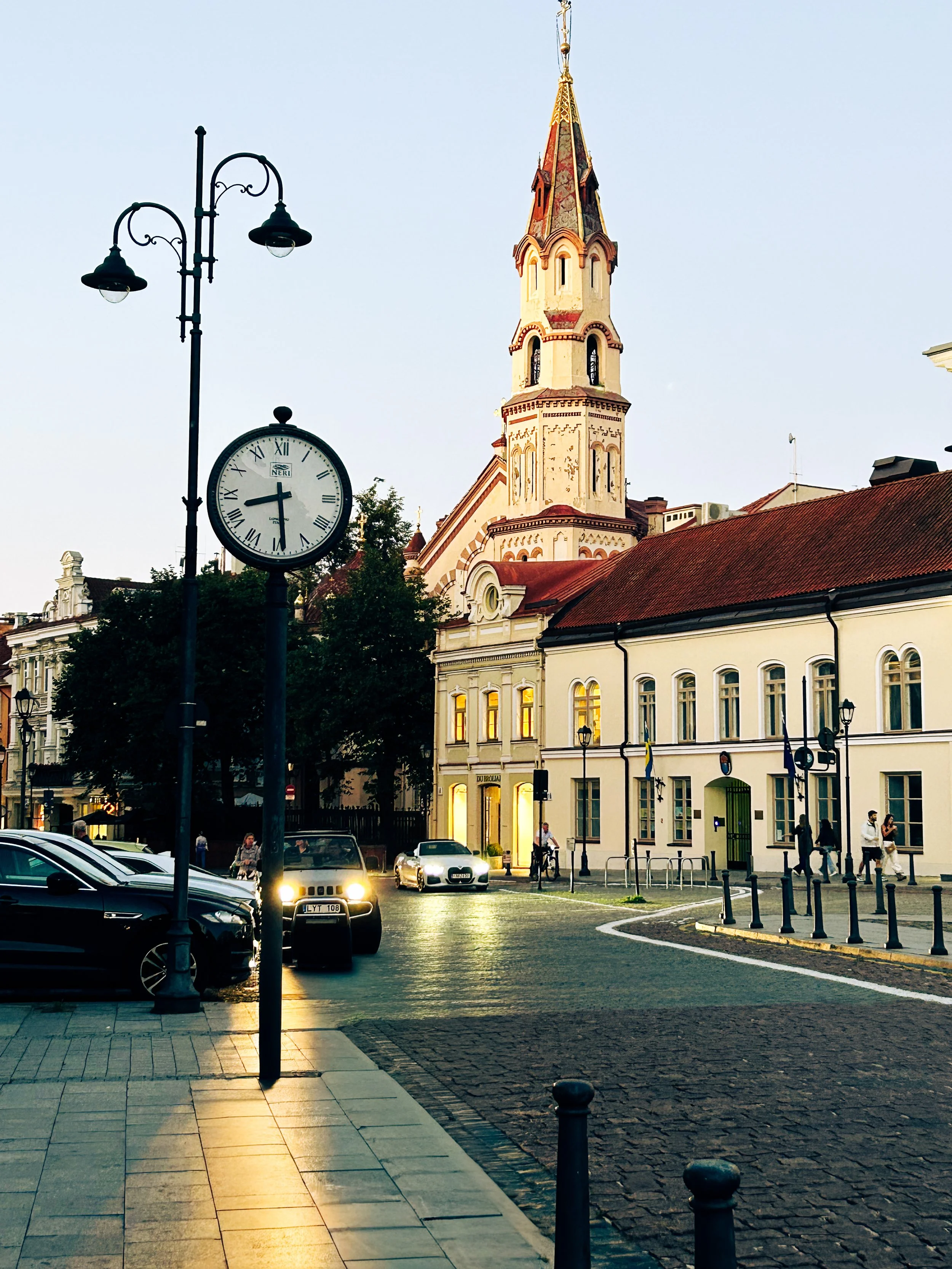 A street and street clock in Vilnius Lithuania