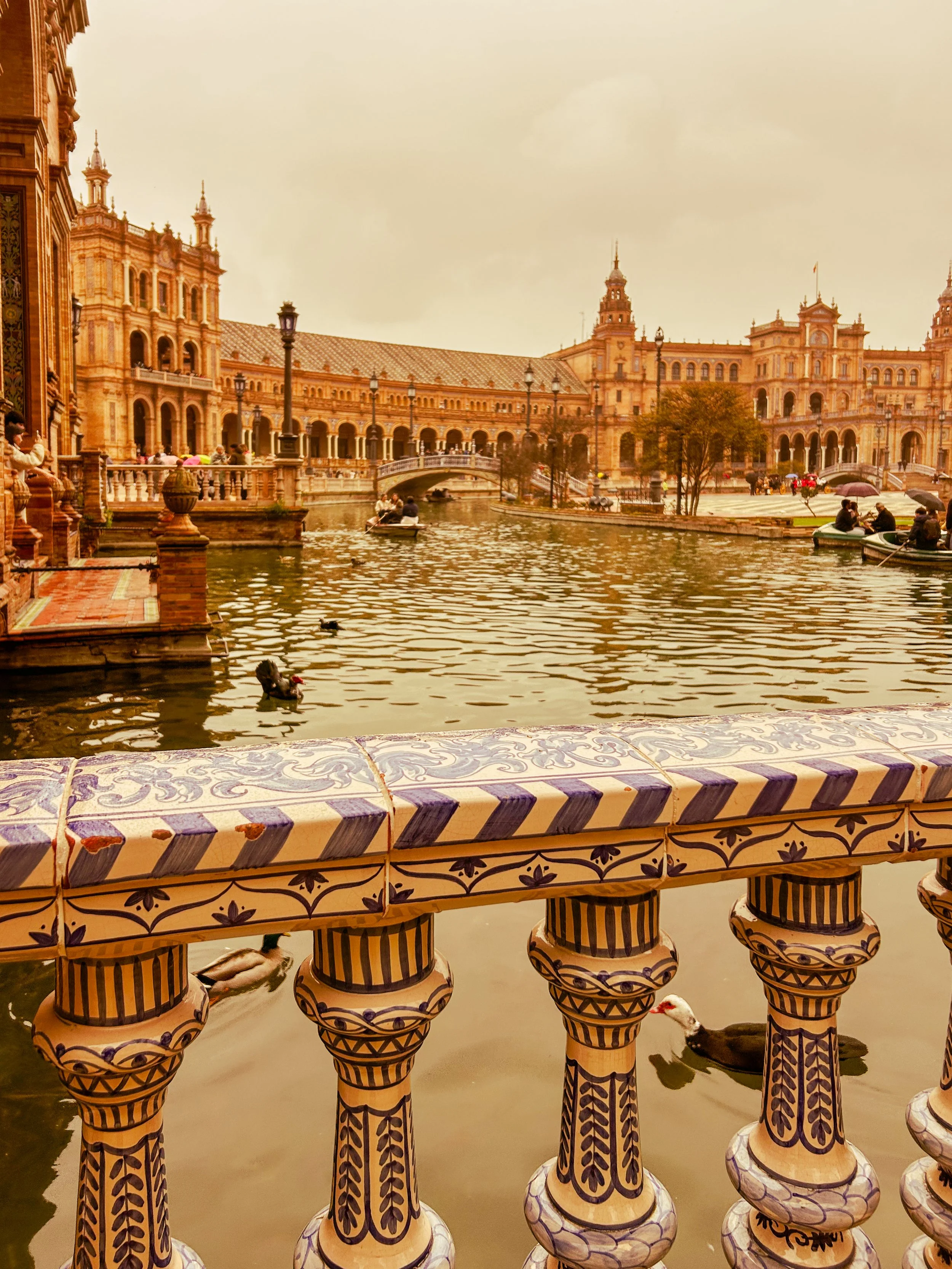 Over looking the decorated railing at Seville's Plaza de España