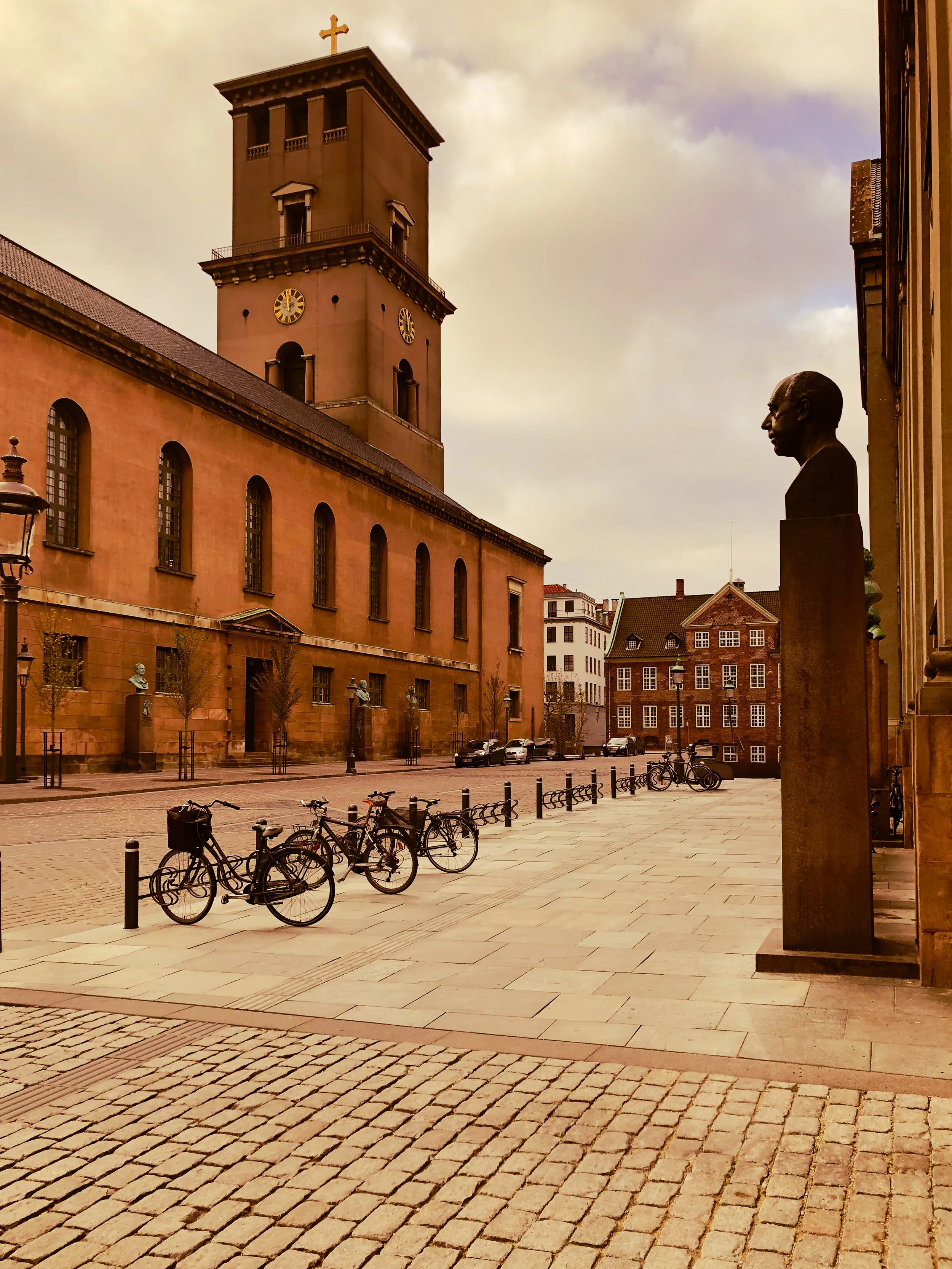 Empty Frue Plads square in Copenhagen just outside of Church of Our Lady