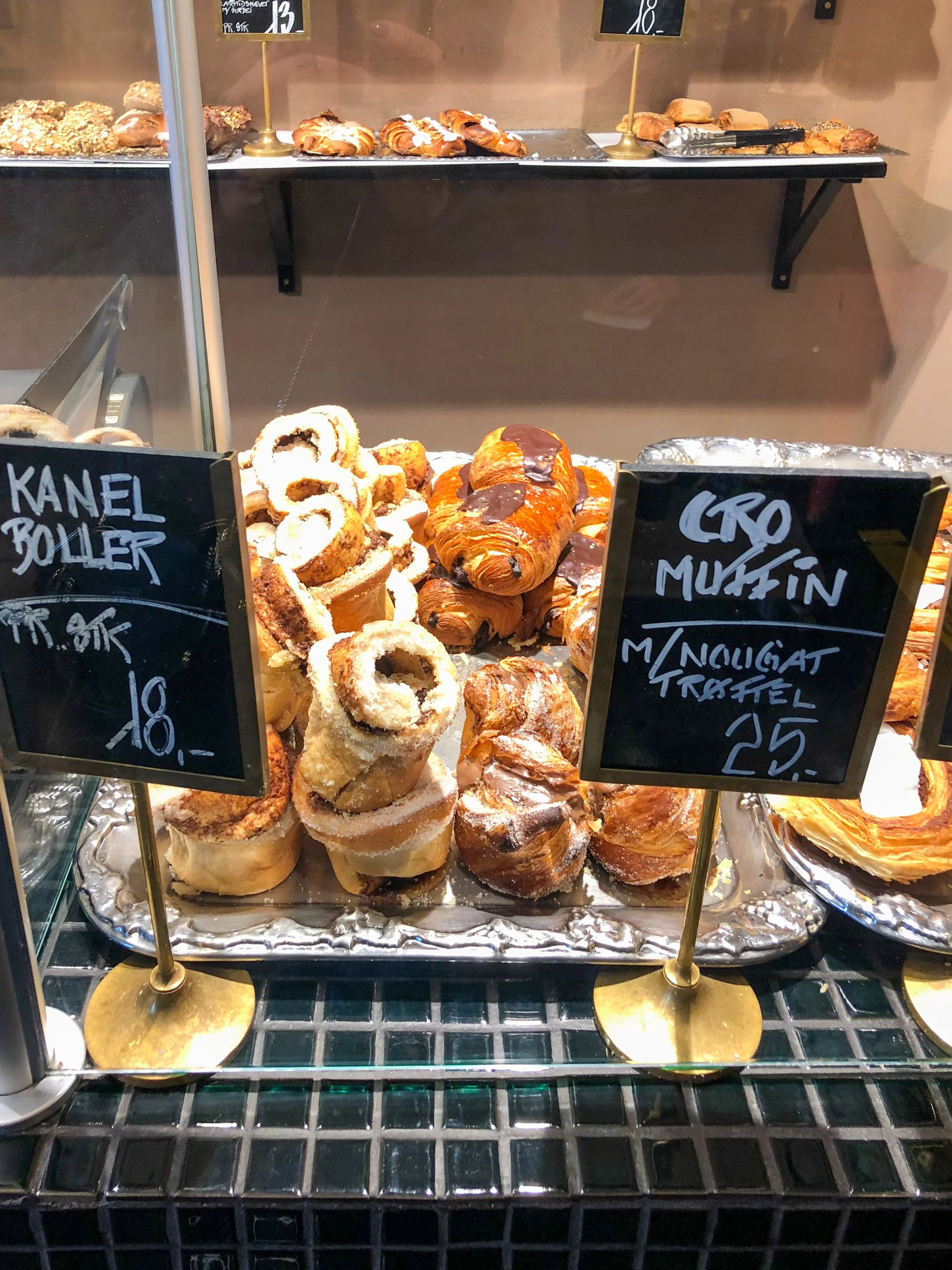 Trays of baked goodies in a bakery in Copenhagen