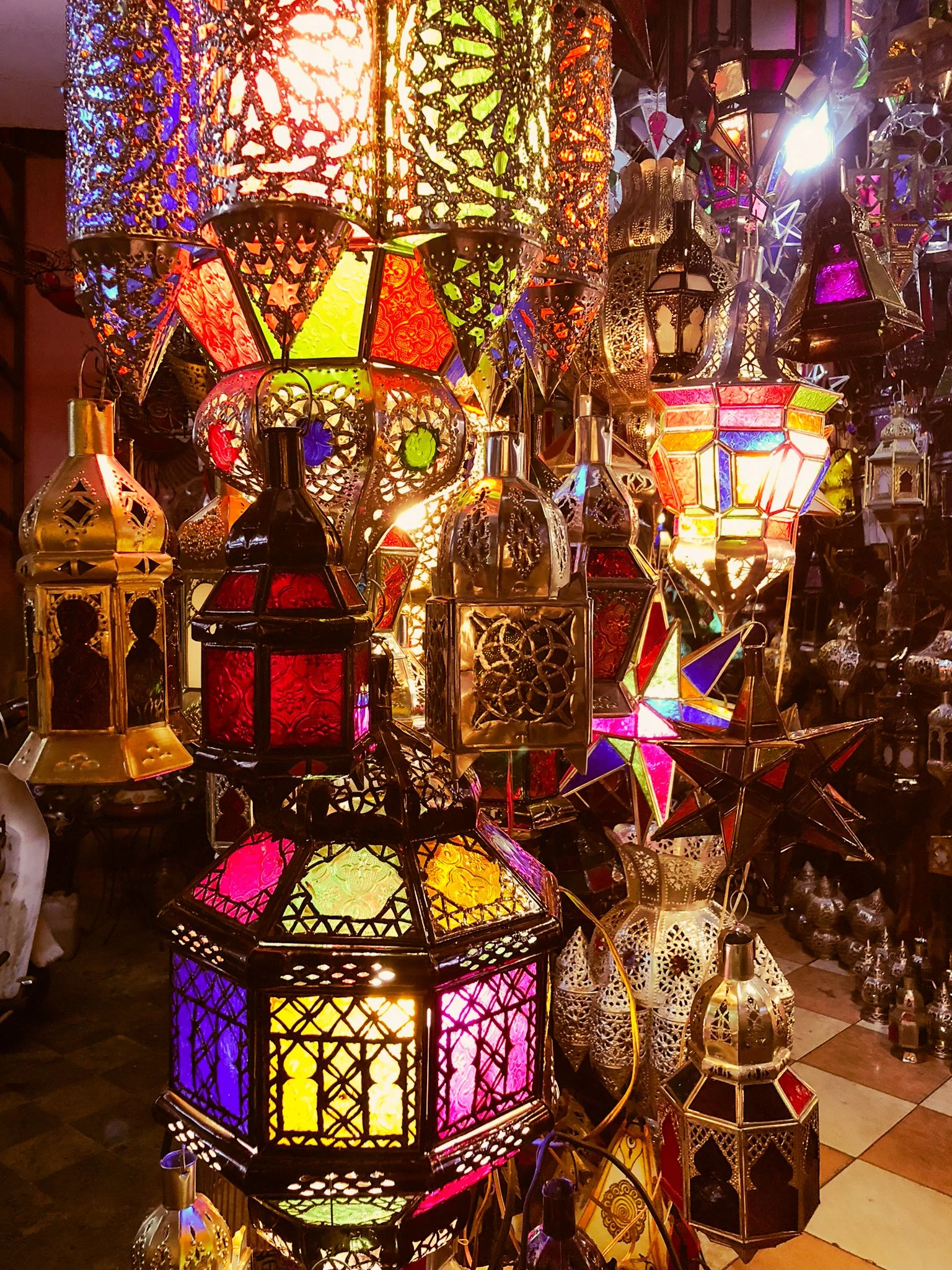 Bright lanterns lit up in the Marrakech Medina Shop