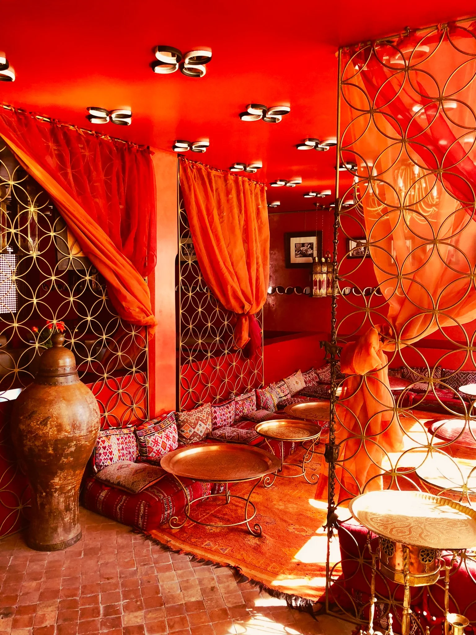 Bright Red empty restaurant with sparkle and beautiful texture inside the Marrakech Medina 