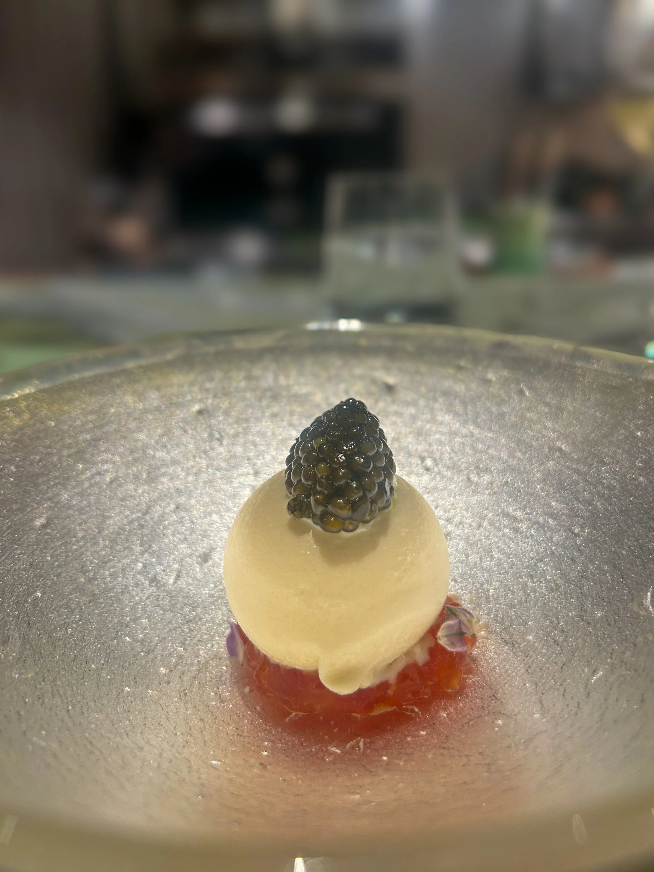 Melipona Bee Honey Ice Cream, papaya and lavender marmalade, caviar at Quintonil in Mexico City
