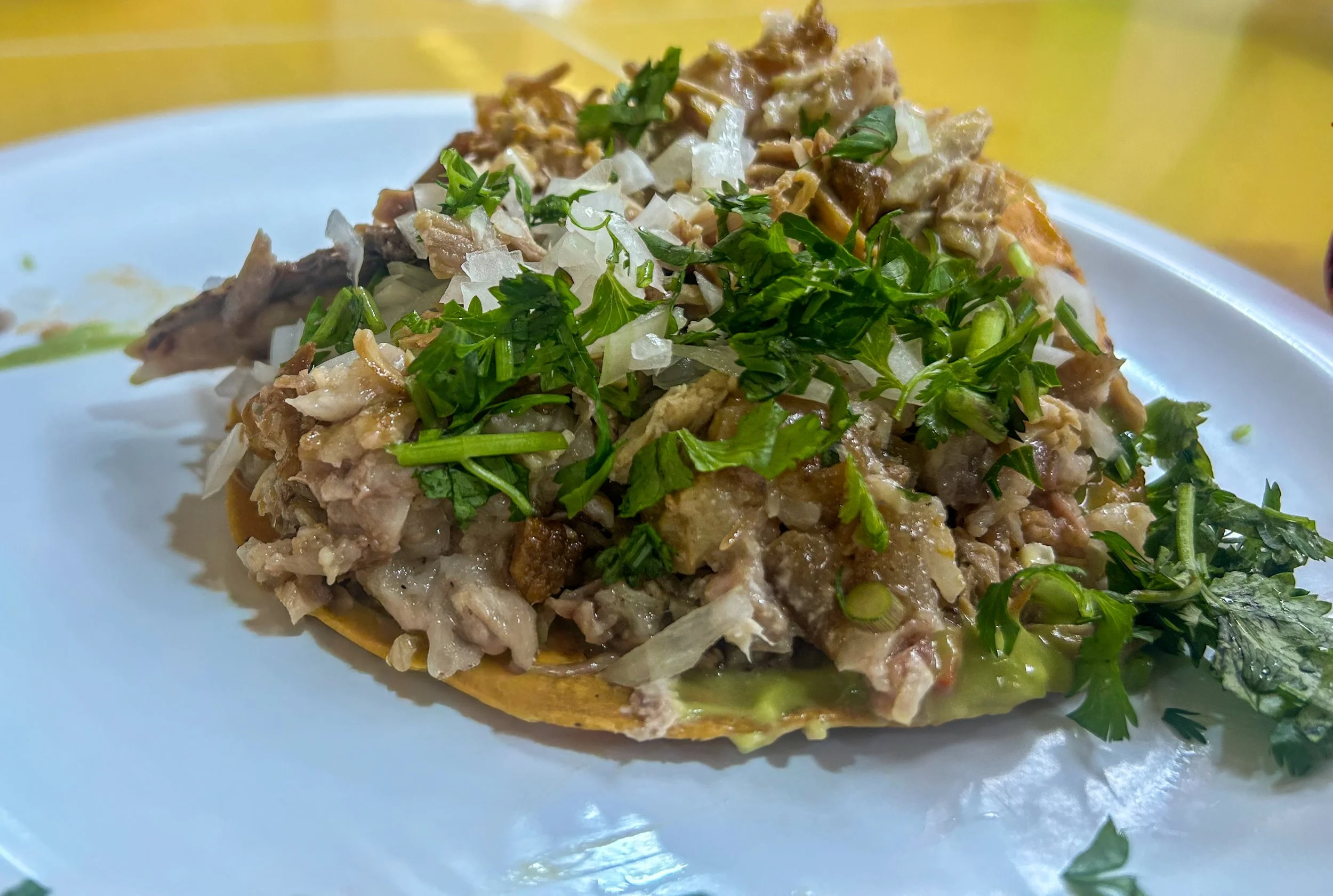 Carnitas Tostada at Tostadas Coyoacán in the Market