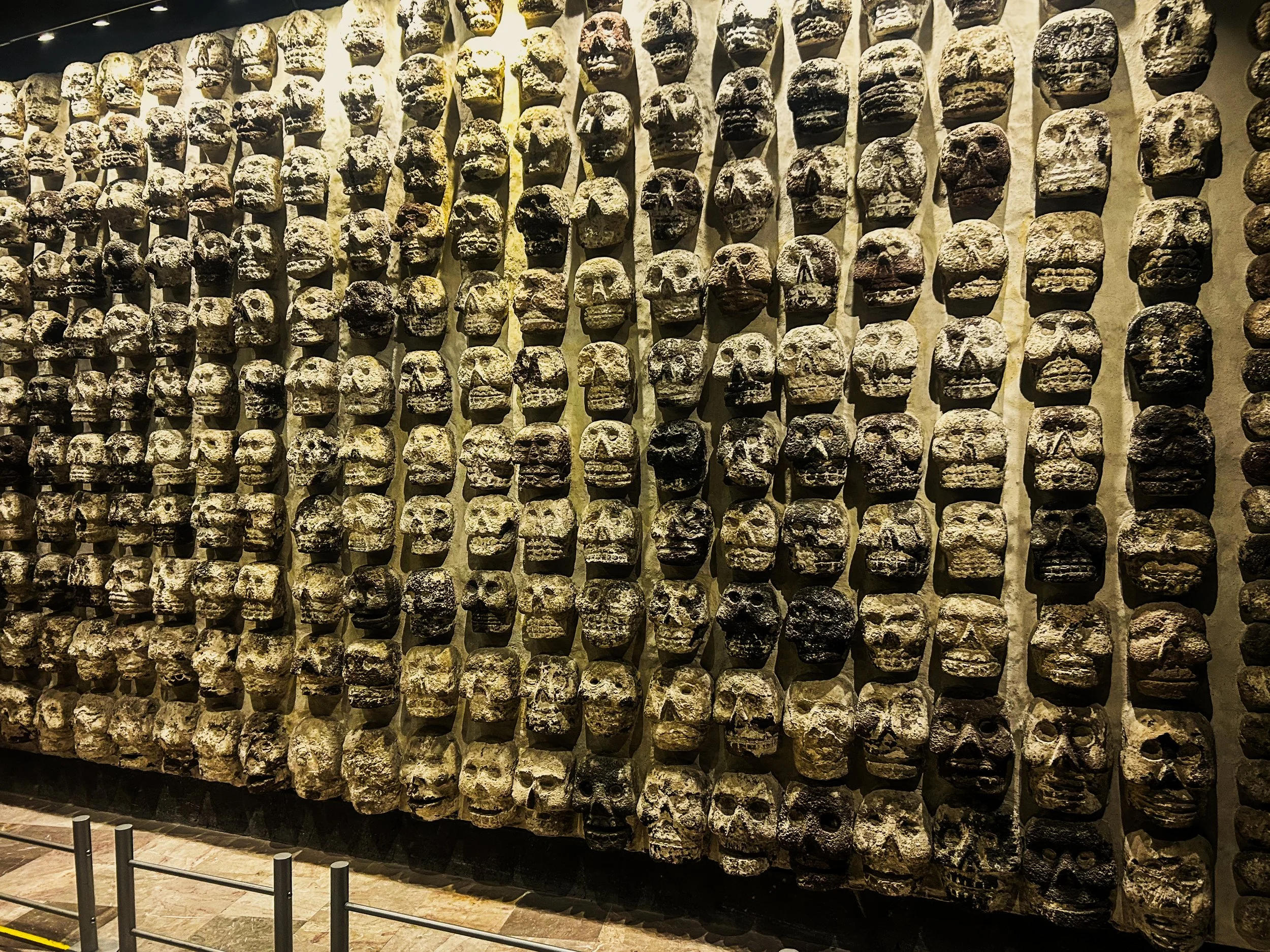 Wall of skulls at Museo de Templo Mayor in Mexico City