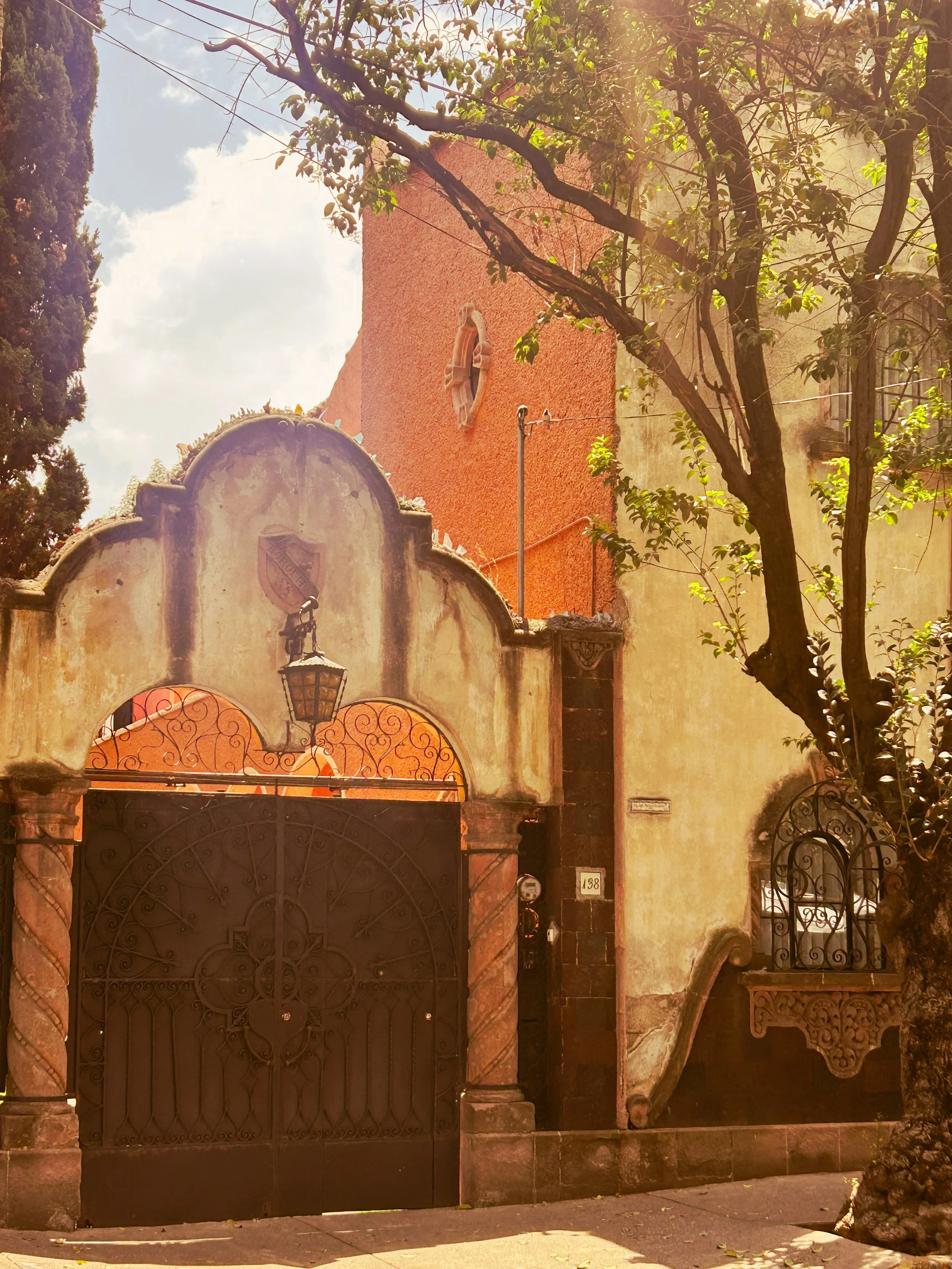 Street with old building and gated garage in Coyoacán Neighborhood, Mexico City