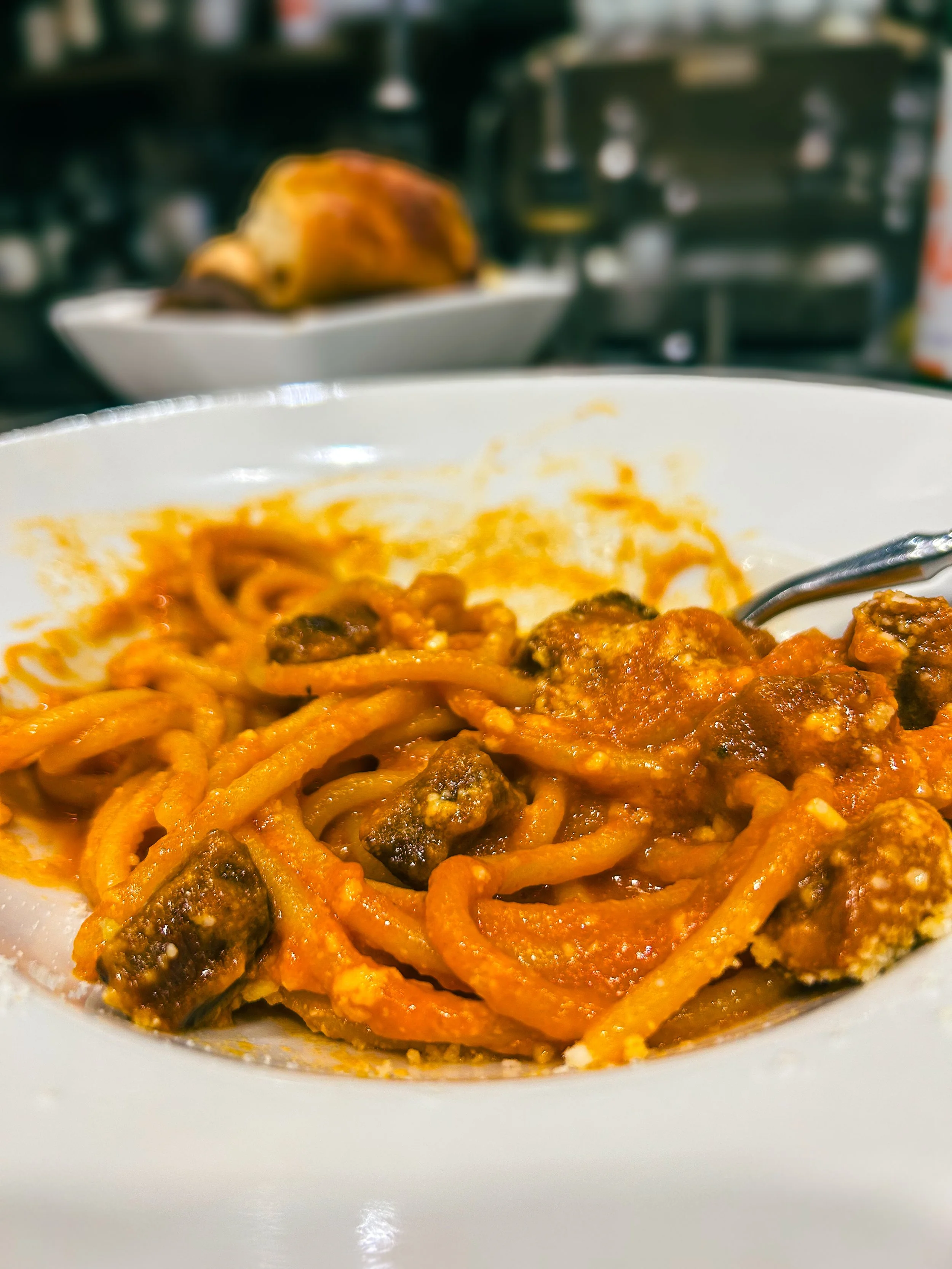 Bowl of Amatriciana at Roscioli Salumeria in Rome, Italy