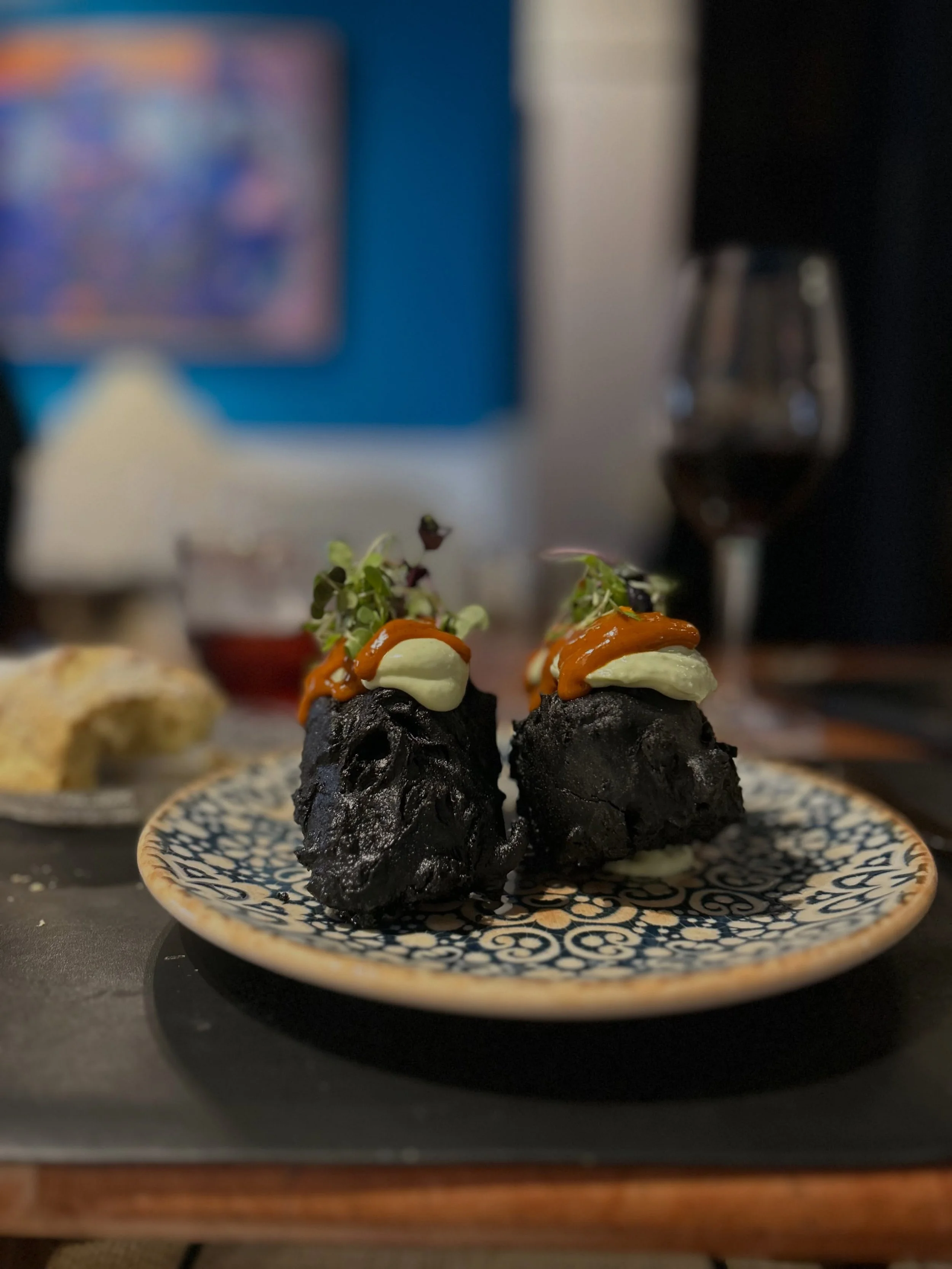 Small bites. UNDIGESTED

Codfish Charcoal with Dill Aioli and Mojo Pic&oacute;n Sauce. Taberno el Botero. Toledo, Spain

A time-out in taste.