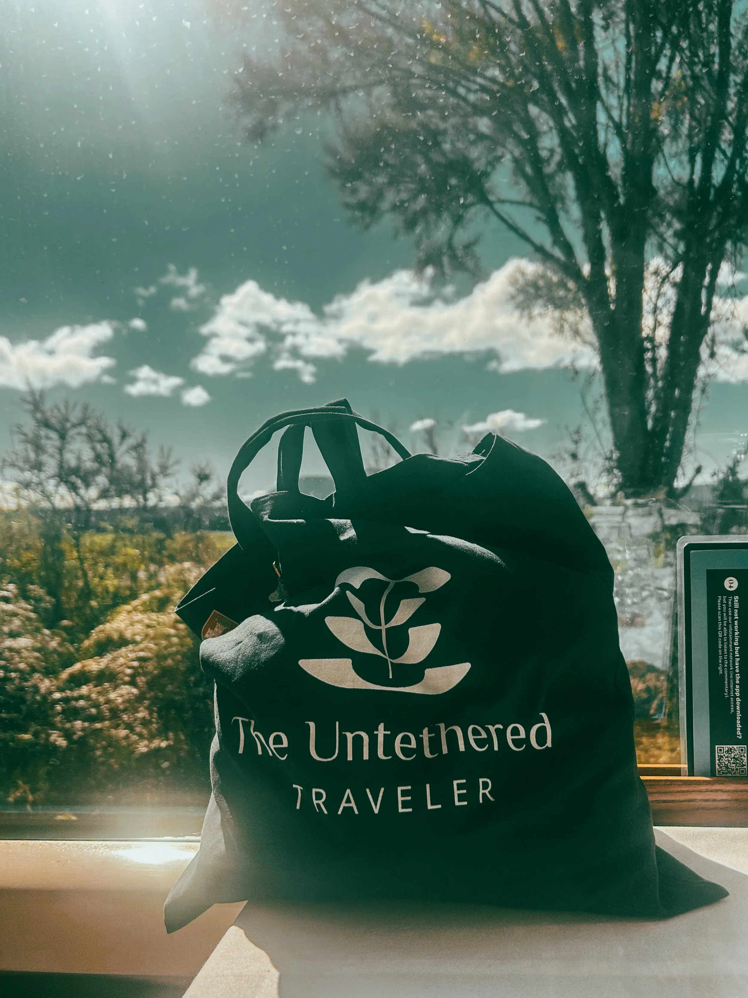 The Untethered Travel shopper bag in the window  of the TranzAlpine train