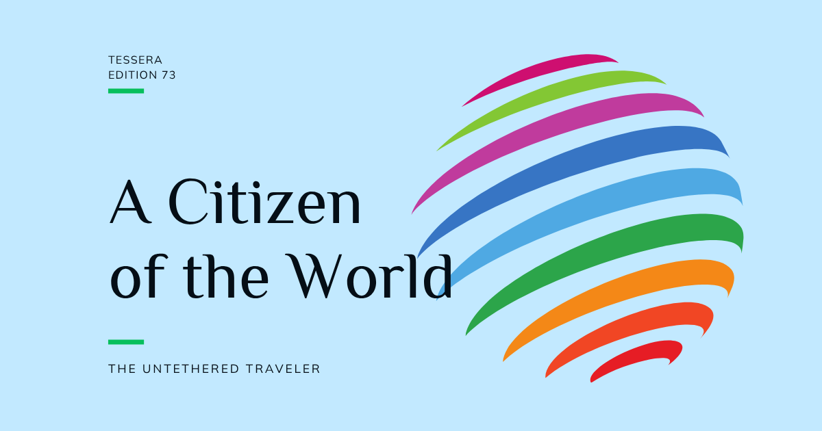 Graphic for Tessera 73, with a colorful rainbow sphere representing the world