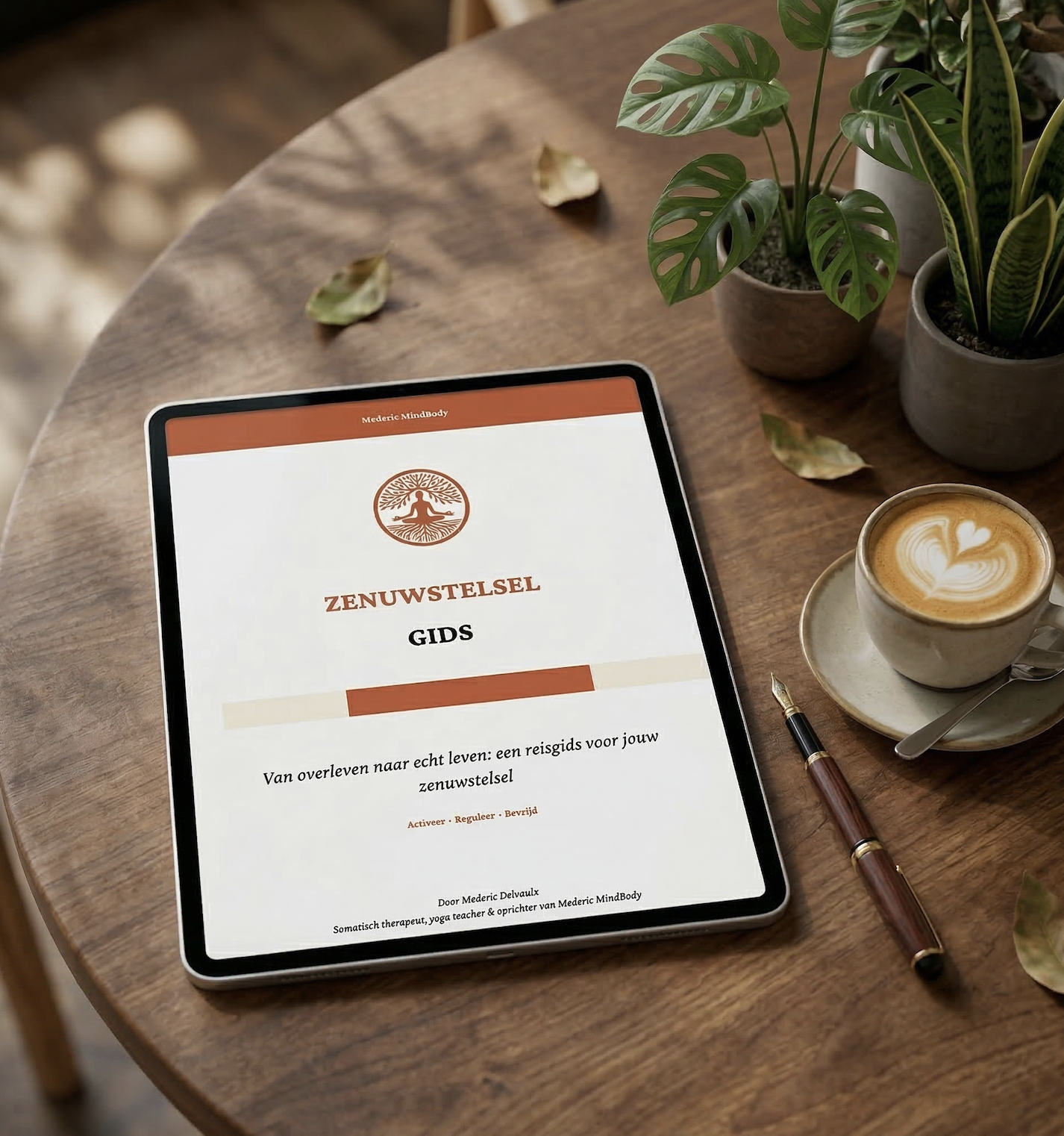 A tablet on a wooden table displaying a wellness guide titled 'ZENUWSTELSEL GIDS' with a tree logo and some Dutch text. Next to the tablet is a cup of coffee with latte art, a pen, and two potted plants, with dried leaves scattered on the table.