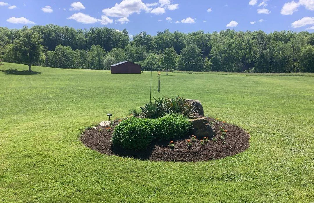 Round island bed with boulders and daylilies surrounded by a wide mowed lawn — Genesee Valley Landscape