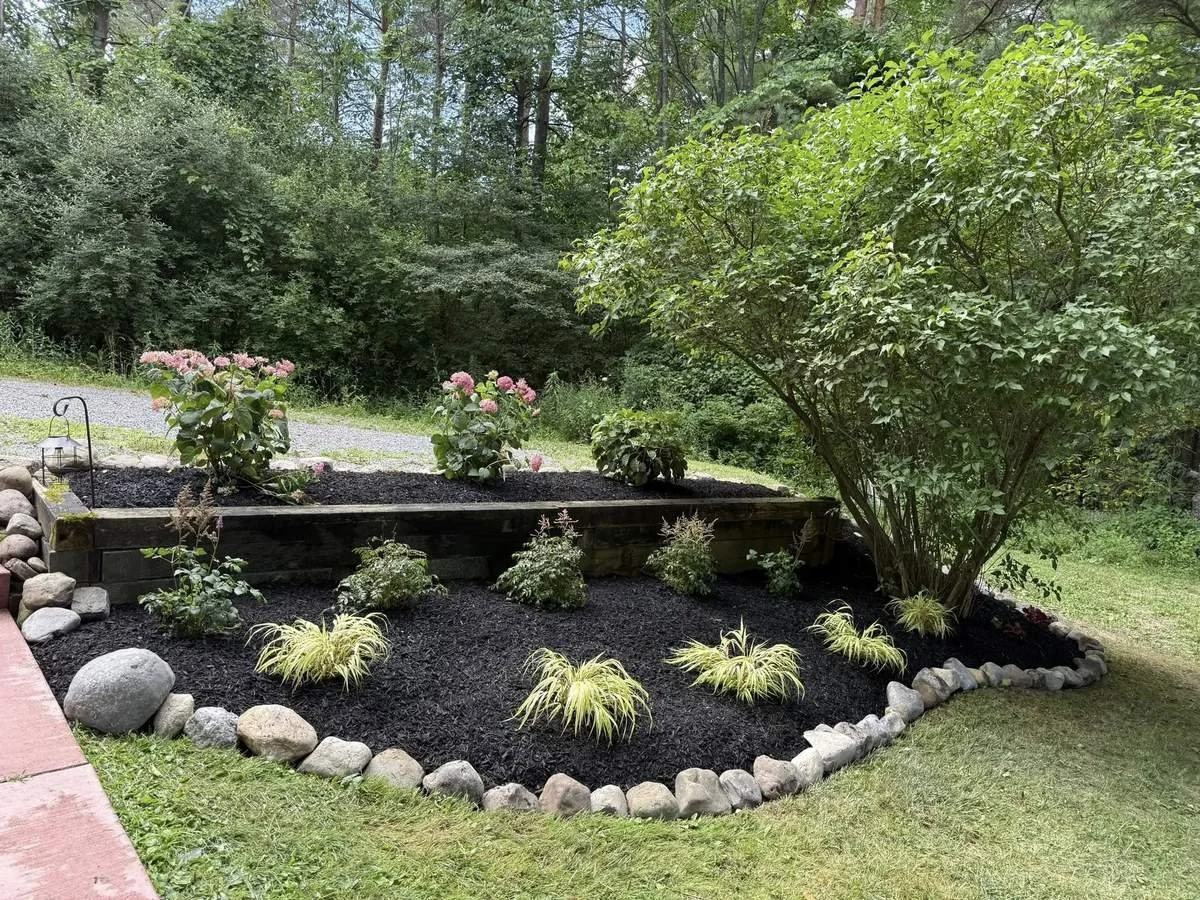 Two-level planting bed with pink hydrangeas, golden grasses and river rock edging — Genesee Valley Landscape