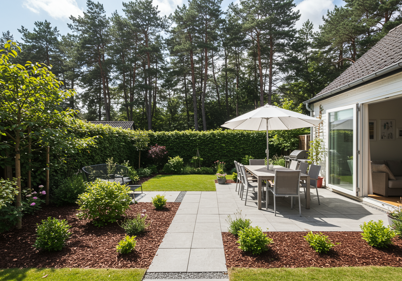 Stone patio with integrated landscaping in Avon, NY