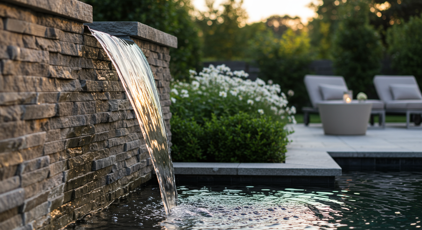 Pondless waterfall integrated into hardscape in Genesee County, NY
