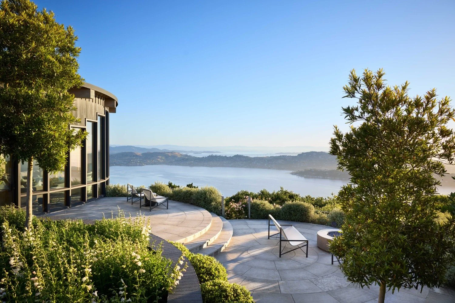 Sausalito, CA hillside landscape with curved terraces