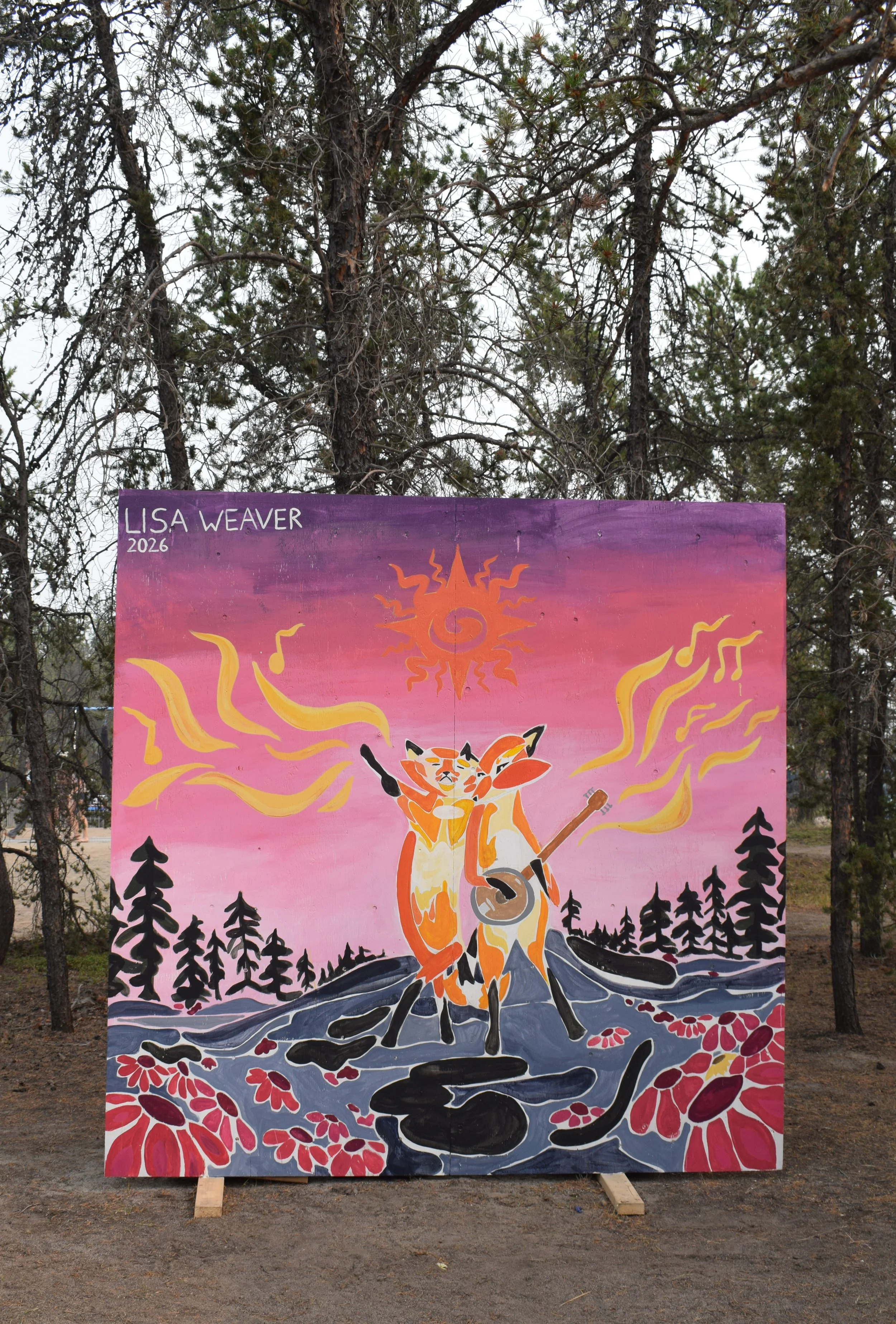Lisa Weaver's Mural Folk On The Rocks 2026, 2 foxes on the rocks playing music and dancing