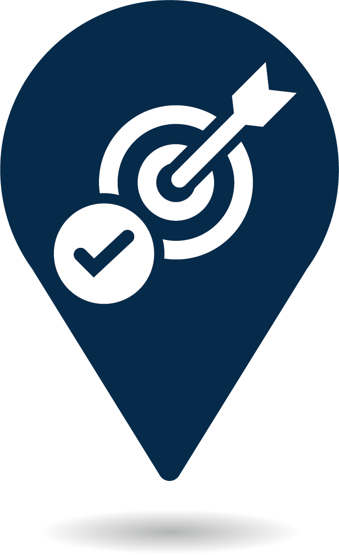 Blue map marker icon with bullseye and checkmark